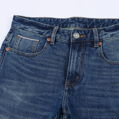 Dunkelblau verwaschene Slim-Fit Selvedge-Jeans | Dunkle Waschung