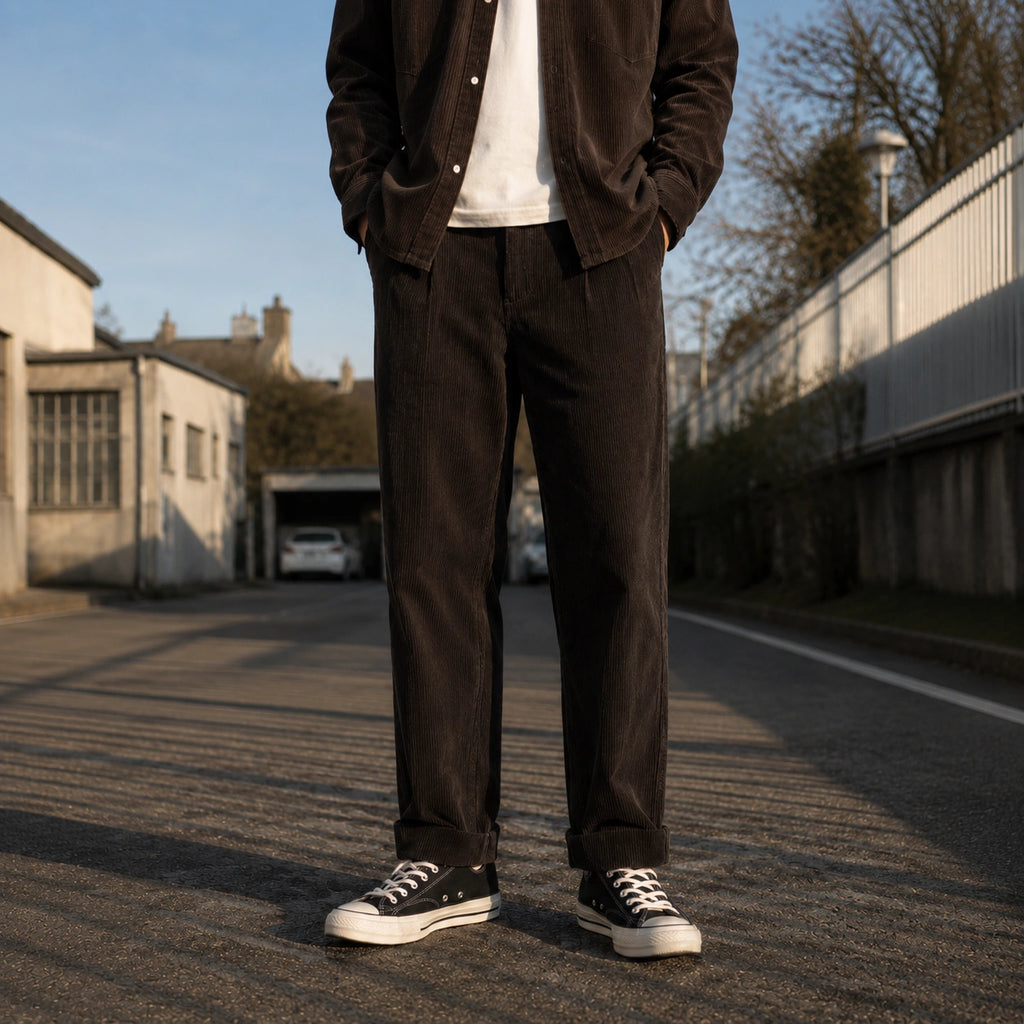 Model wearing dark brown 8-Wale Cotton Corduroy Work Pants With Button Fly