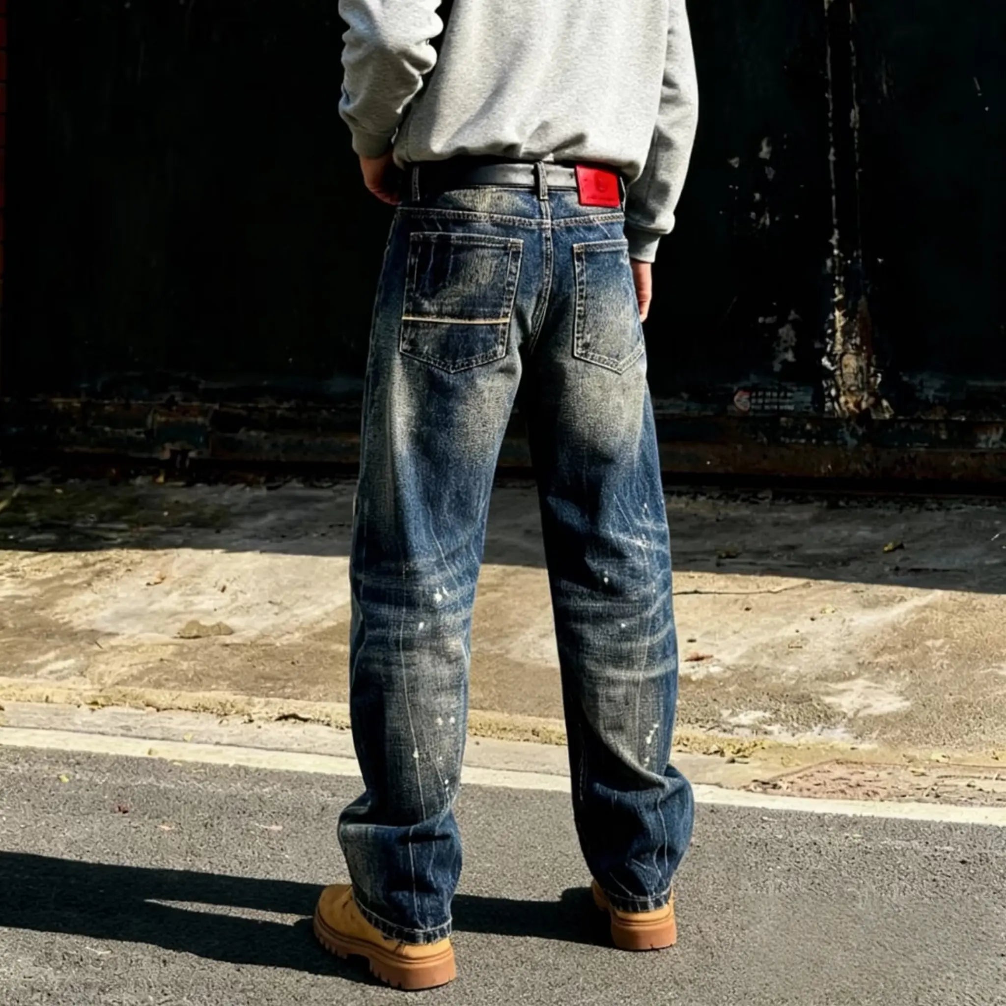 Jean bleu foncé à jambes larges en denim selvedge | Effet usé et texturé