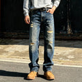 Dark Blue Relaxed Straight Selvedge Jeans | Distressed & Textured Design