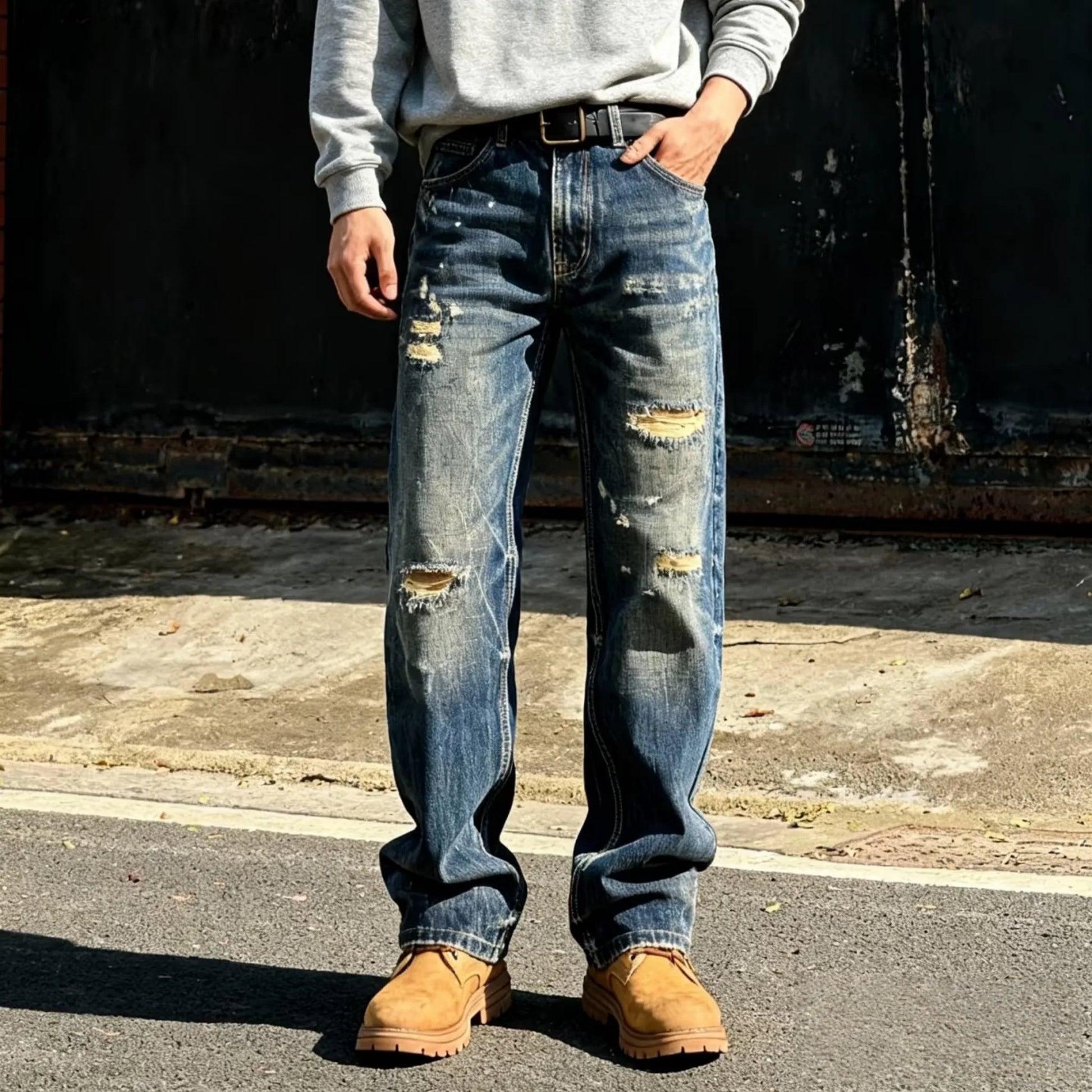 Dark Blue Relaxed Straight Selvedge Jeans | Distressed & Textured Design