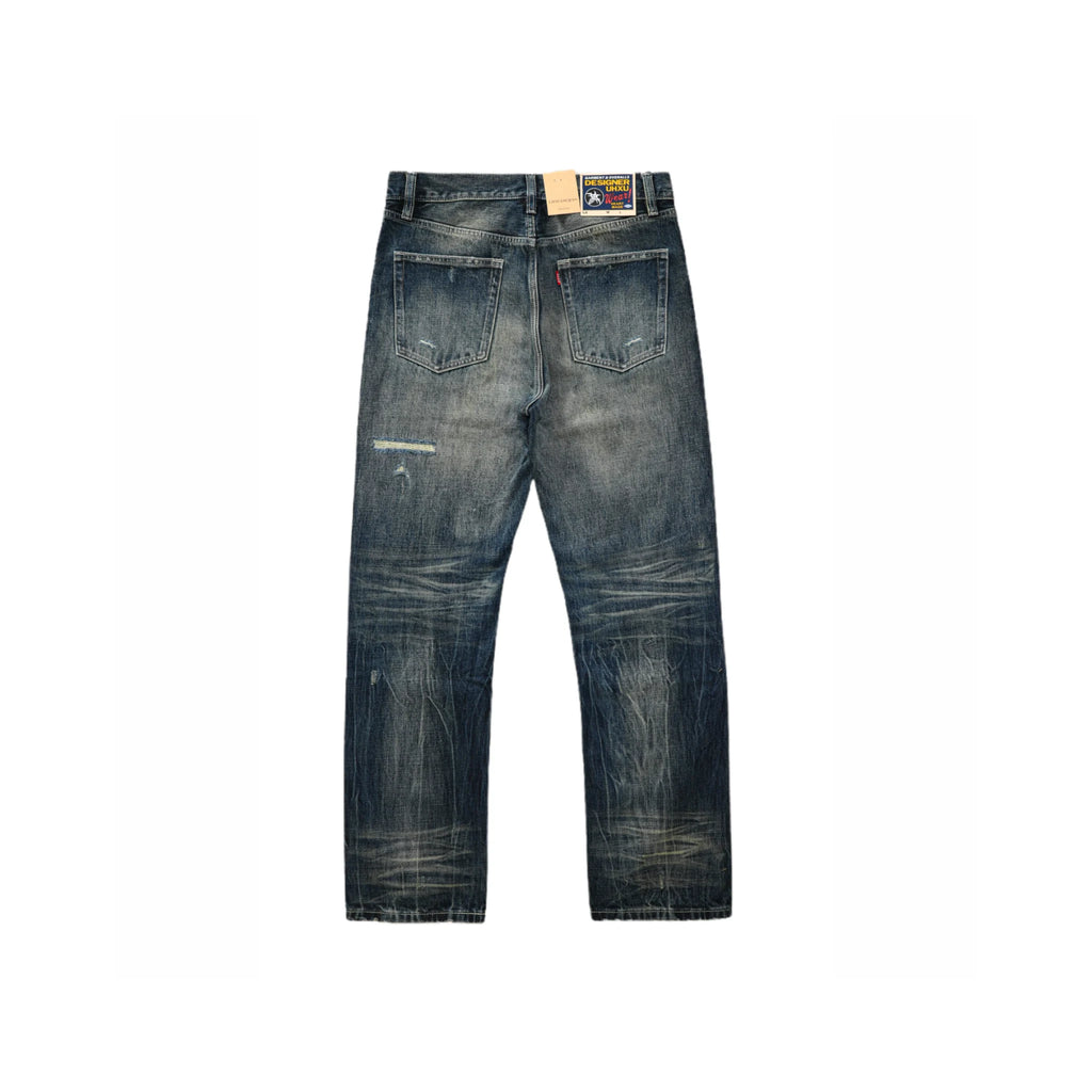 14oz Dark Indigo Heavy Wash Straight Jeans With Distressed