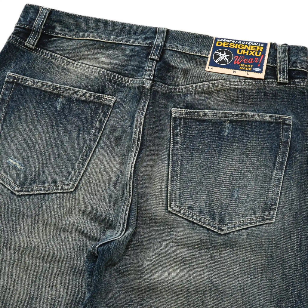 14oz Dark Indigo Heavy Wash Straight Jeans With Distressed