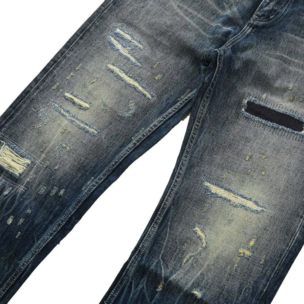 14oz Dark Indigo Heavy Wash Straight Jeans With Distressed