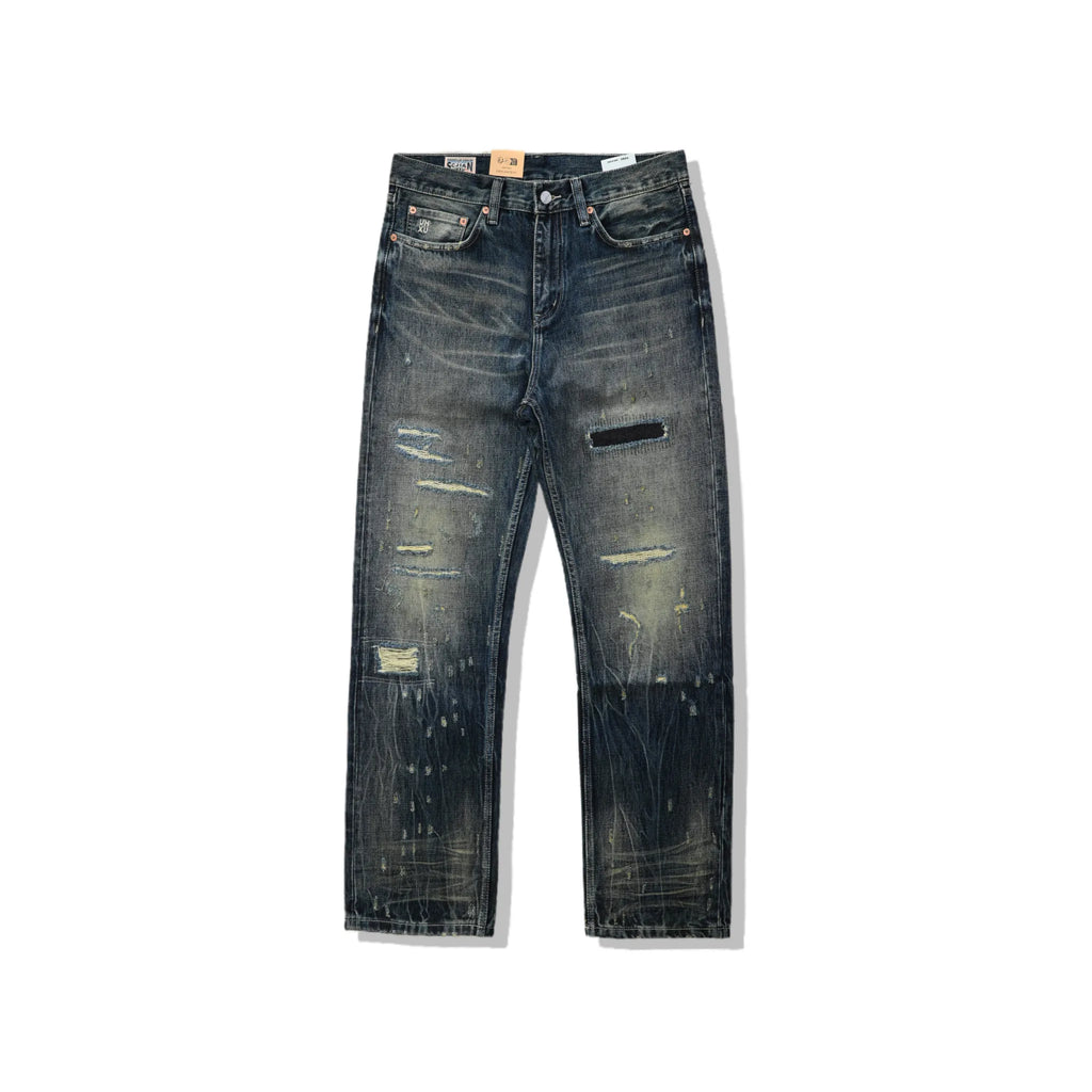 14oz Dark Indigo Heavy Wash Straight Jeans With Distressed