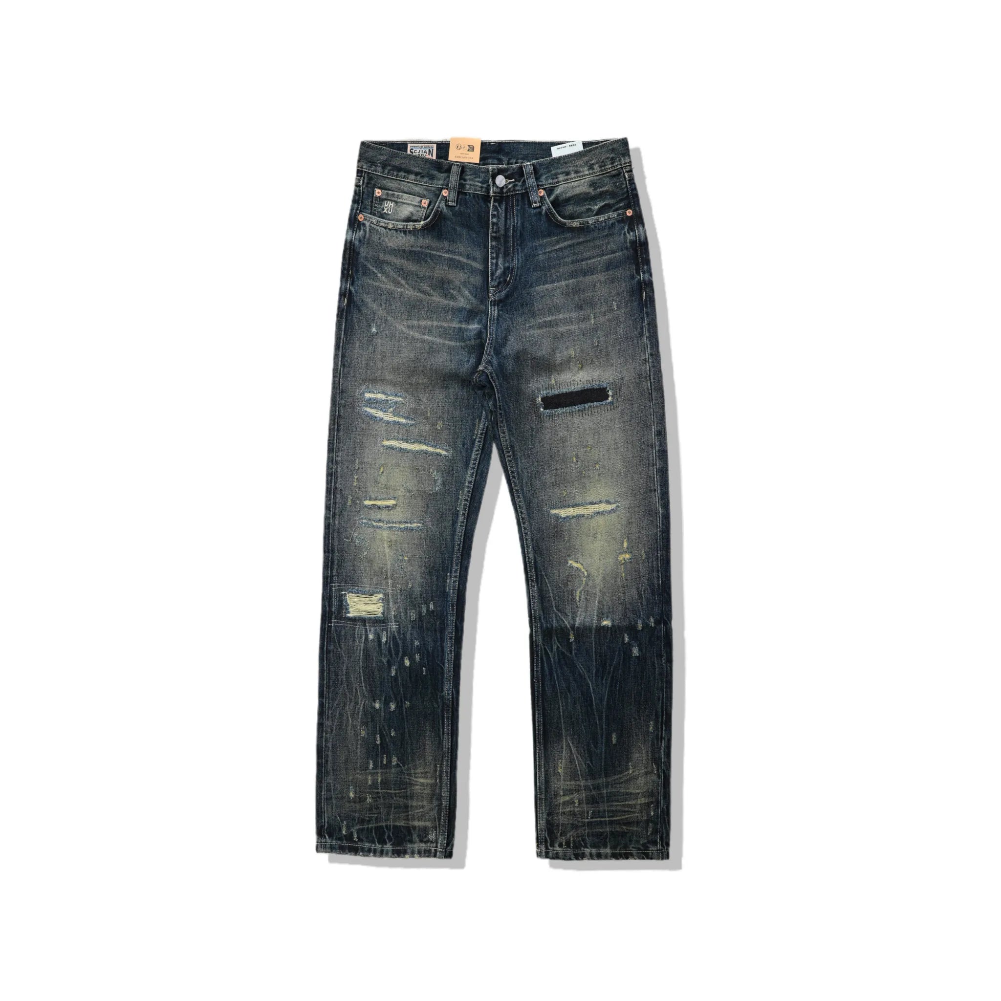 Jean droit délavé épais indigo foncé 14 oz avec effet usé