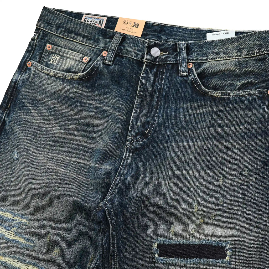 14oz Dark Indigo Heavy Wash Straight Jeans With Distressed