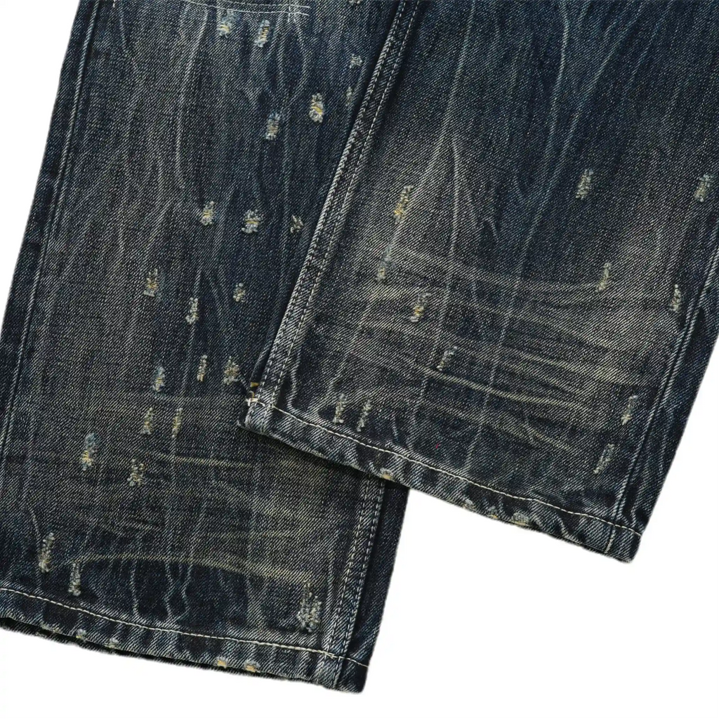 14oz Dark Indigo Heavy Wash Straight Jeans With Distressed