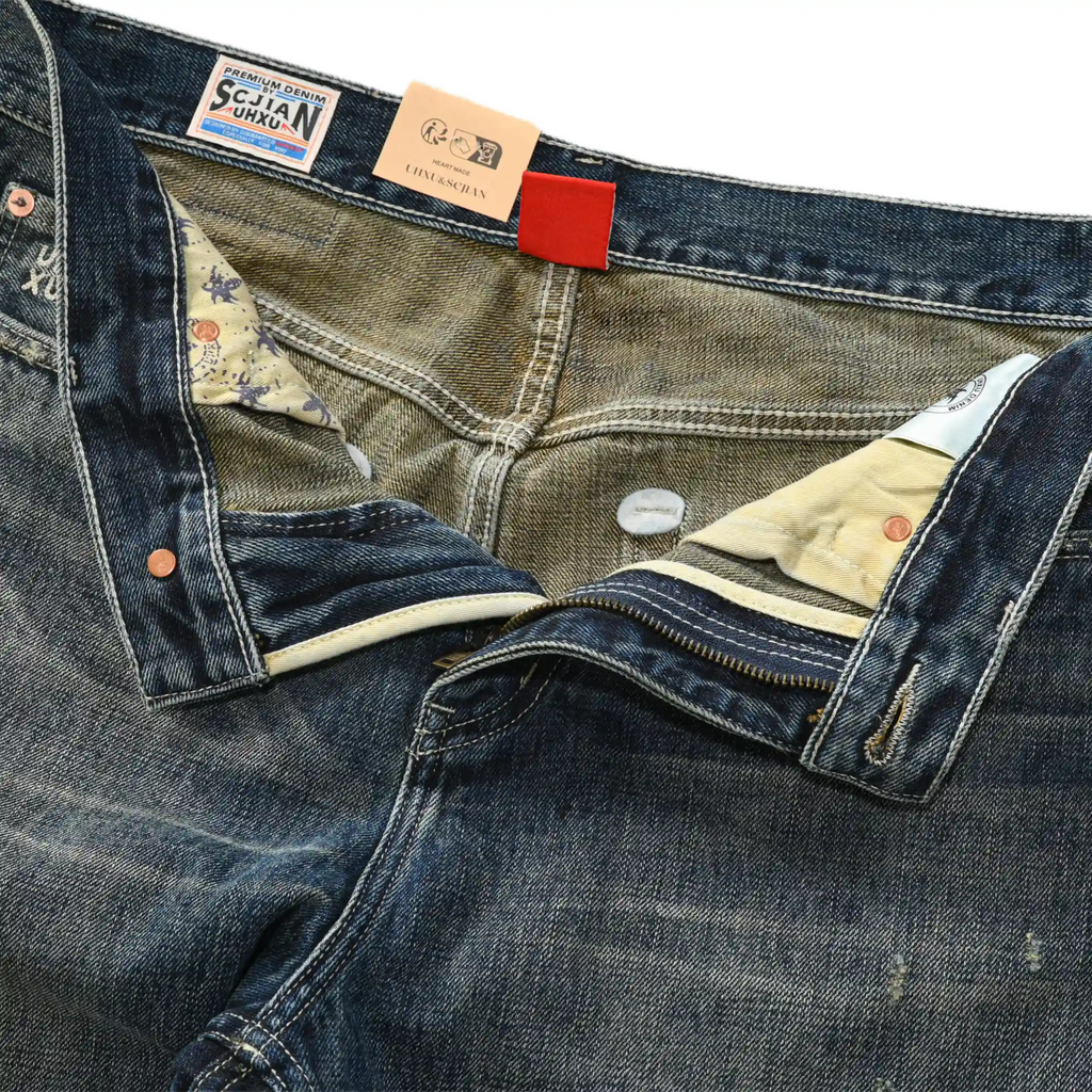 14oz Dark Indigo Heavy Wash Straight Jeans With Distressed