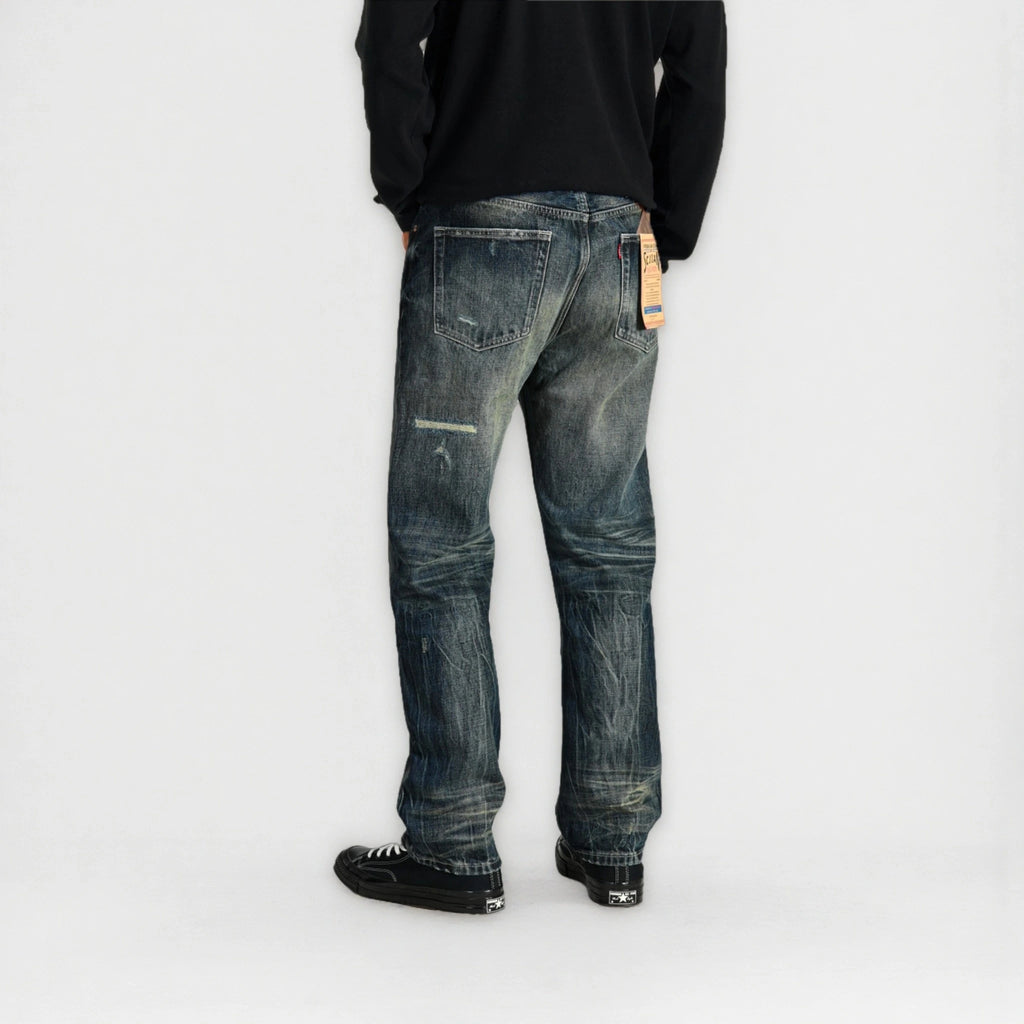 14oz Dark Indigo Heavy Wash Straight Jeans With Distressed