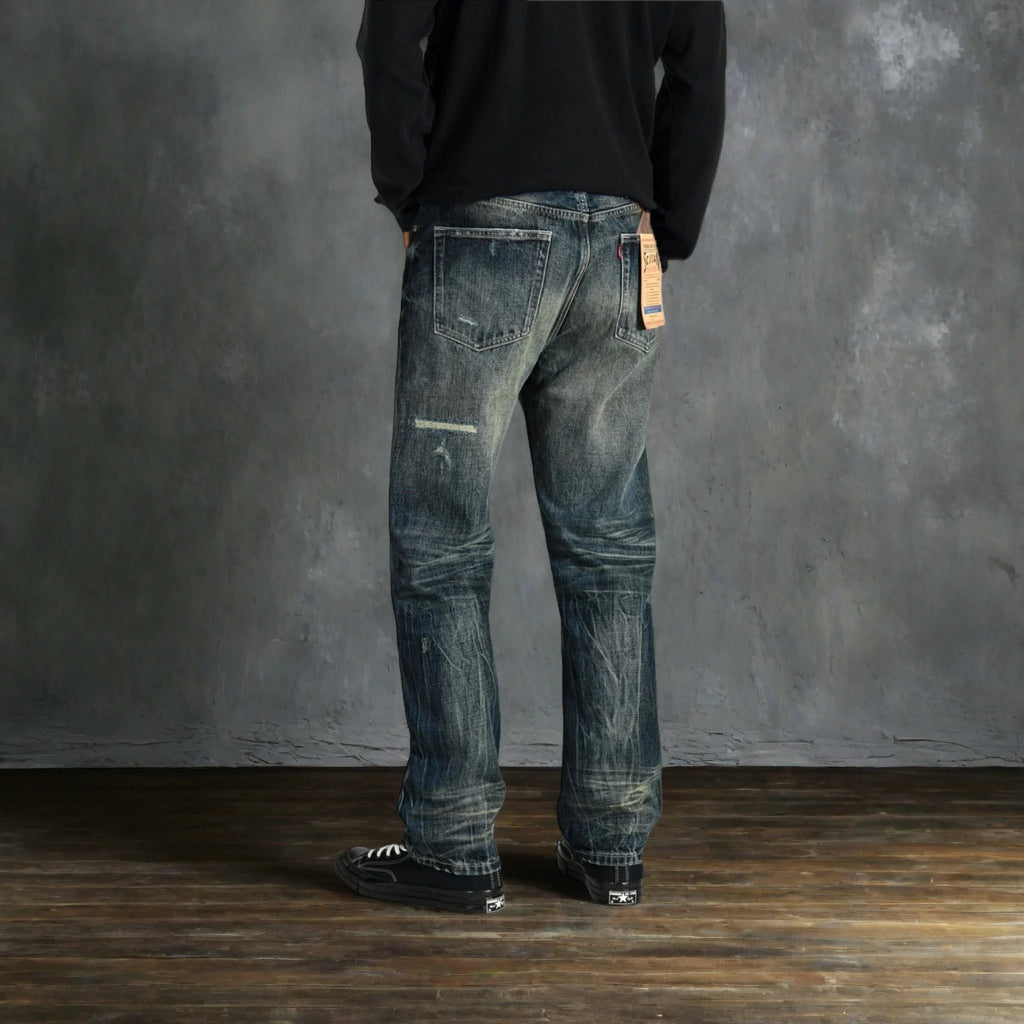 14oz Dark Indigo Heavy Wash Straight Jeans With Distressed