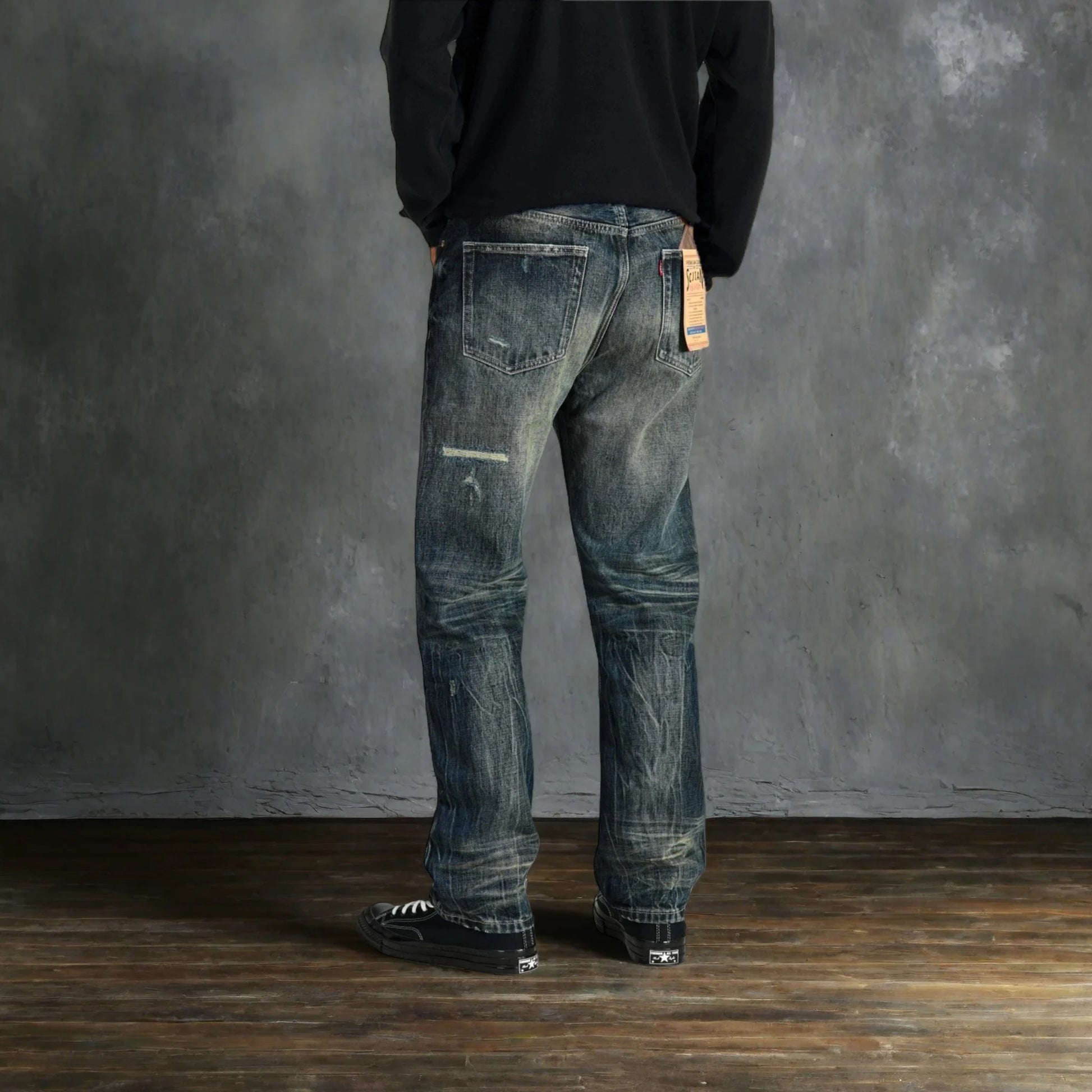14oz Dark Indigo Heavy Wash Straight Jeans With Distressed