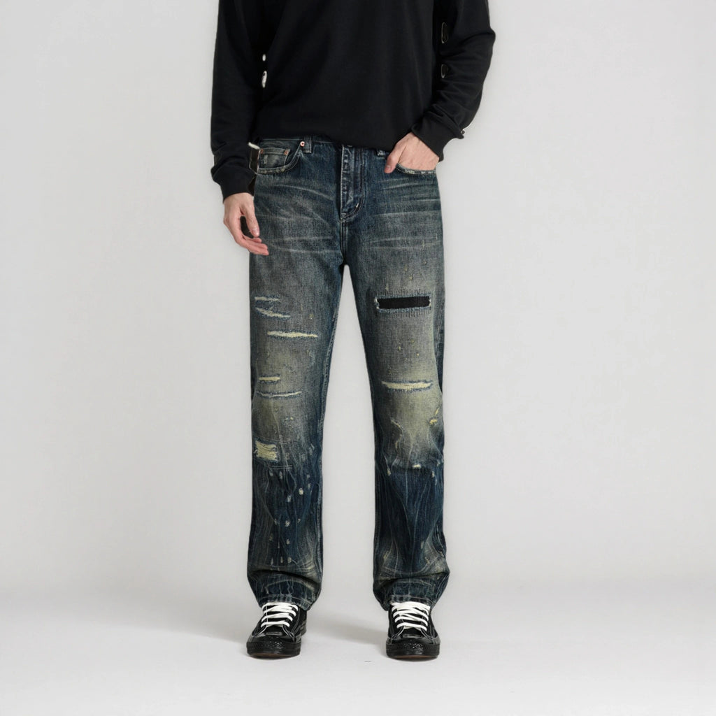 14oz Dark Indigo Heavy Wash Straight Jeans With Distressed