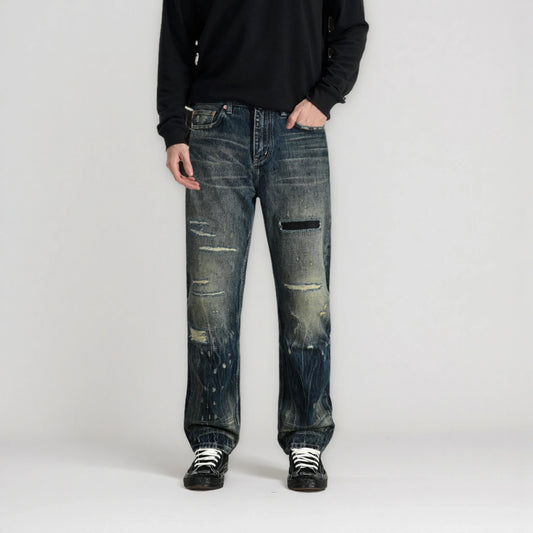 Vintage Blaue Bootcut 11oz Selvedge Jeans mit Distressed-Effekt