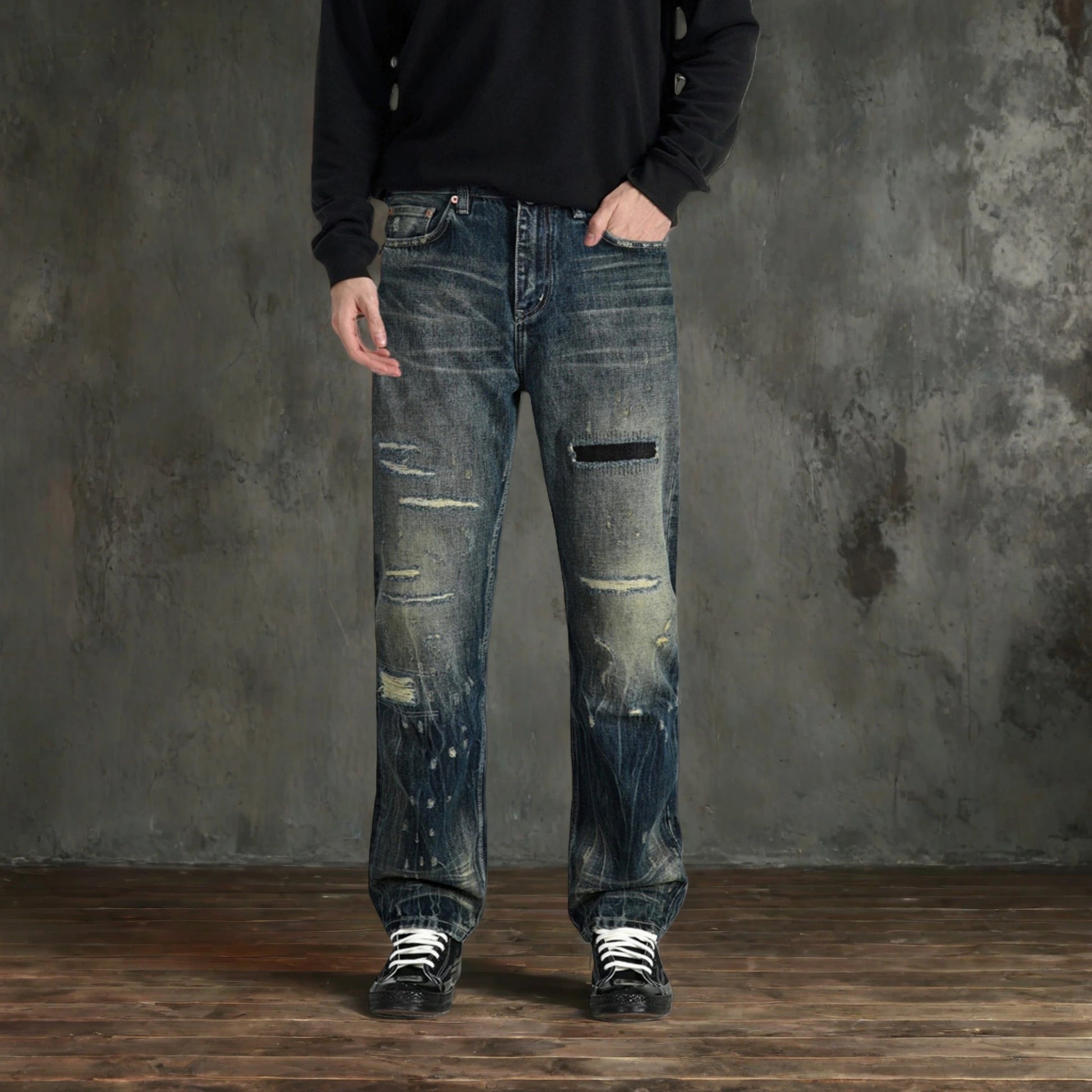 14oz Dark Indigo Heavy Wash Straight Jeans With Distressed