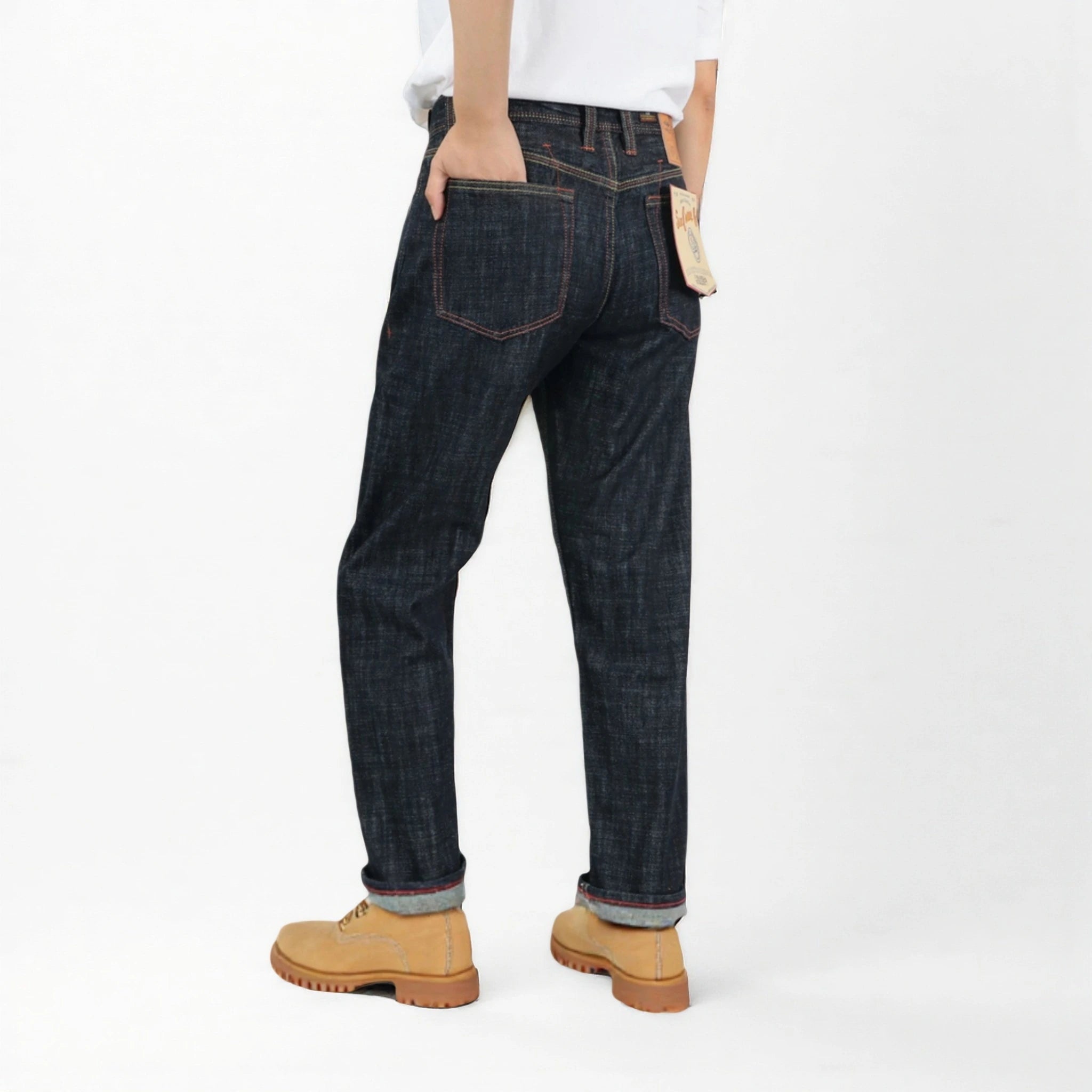 Jean selvedge coupe droite pour homme, indigo foncé délavé