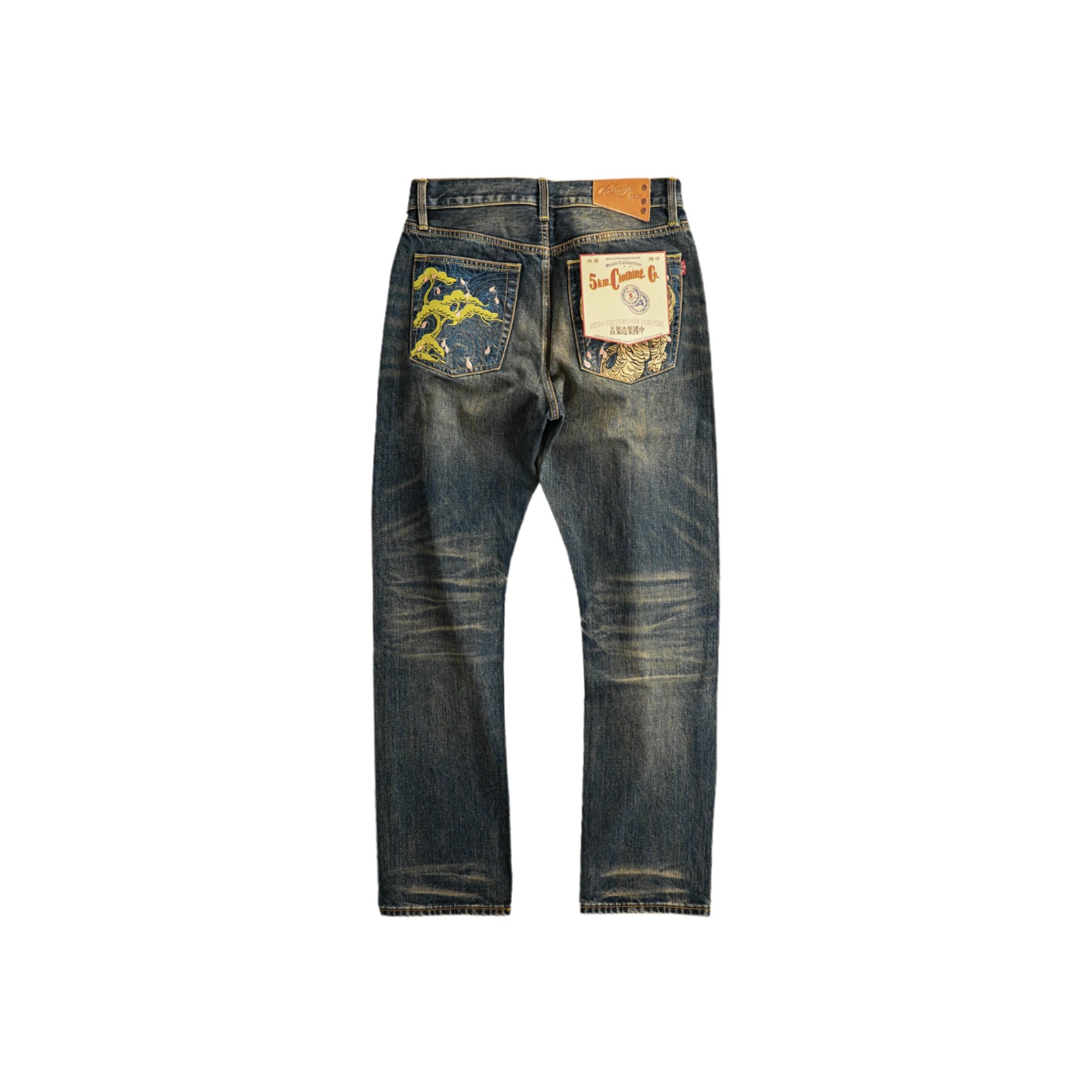 15 oz klassische blaue Straight-Fit-Jeans mit Whiskers und Honeycomb-Effekt