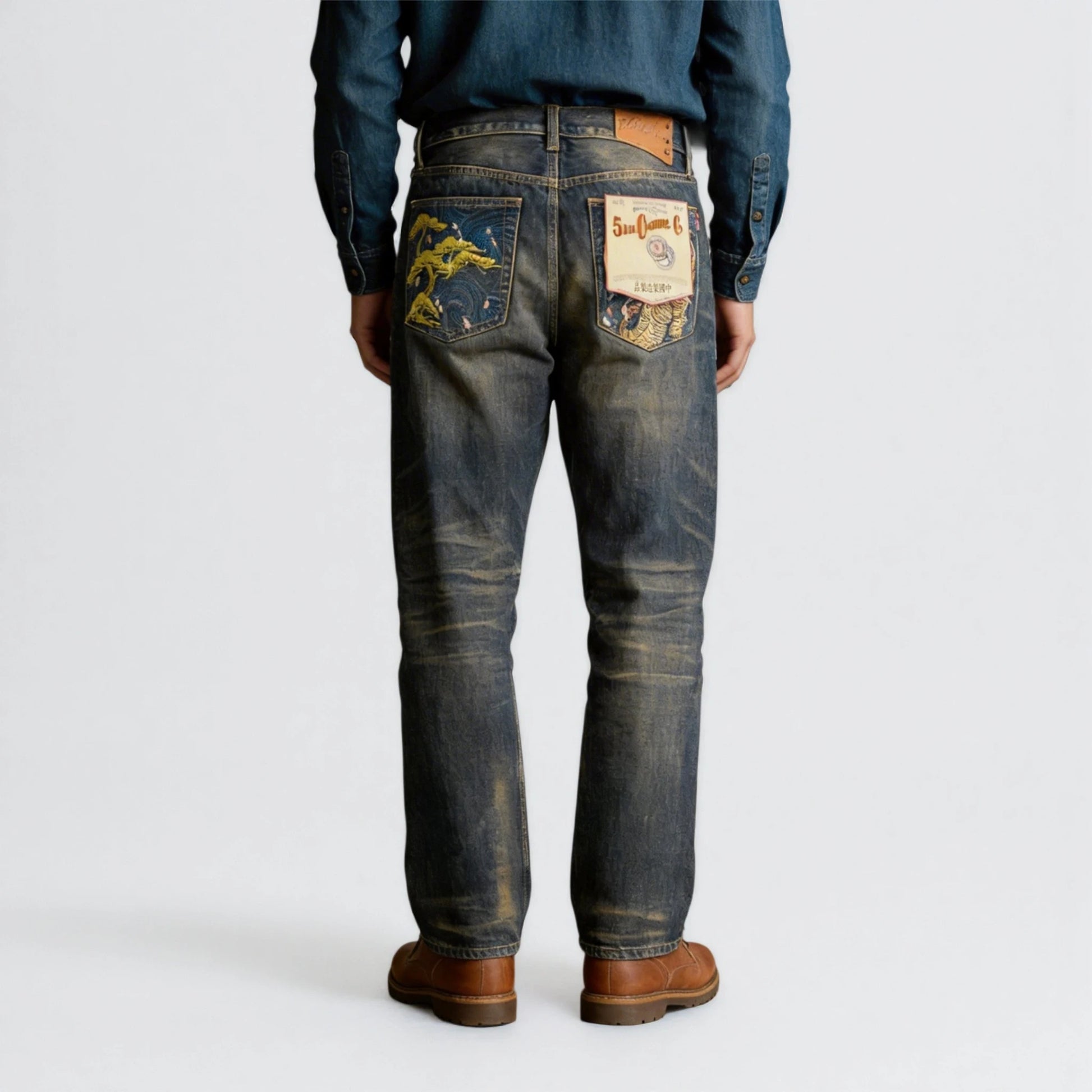 15 oz klassische blaue Straight-Fit-Jeans mit Whiskers und Honeycomb-Effekt