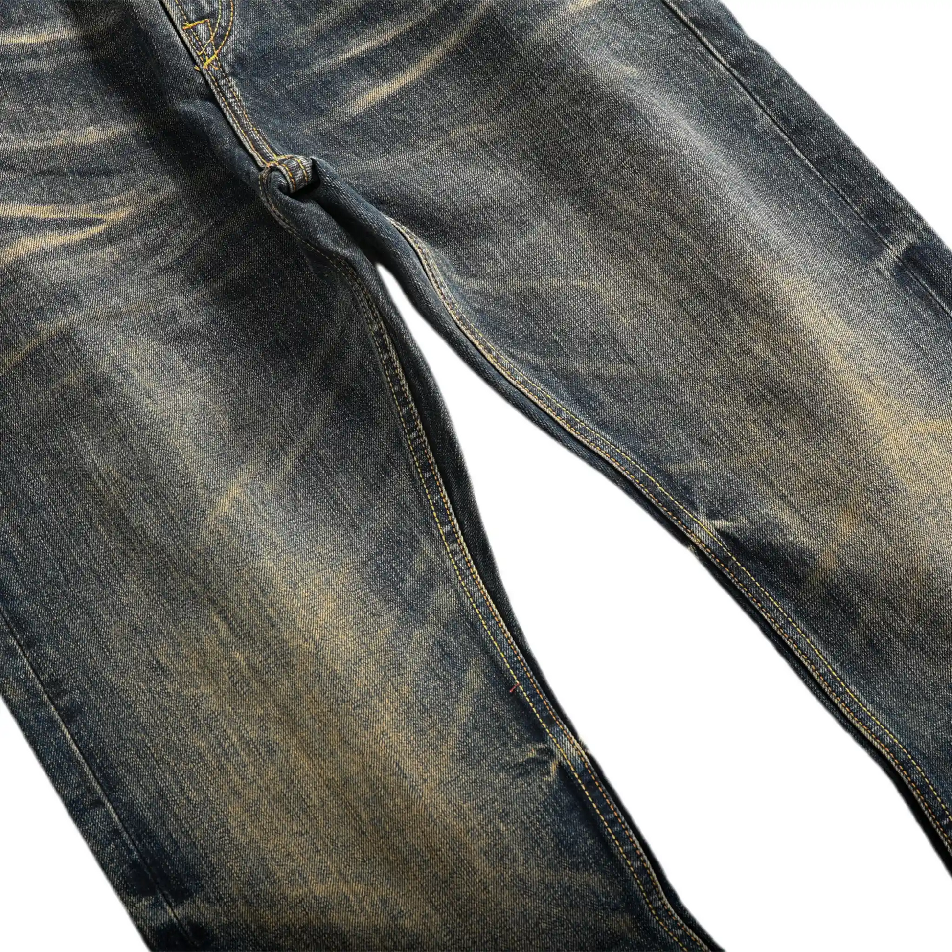 15 oz klassische blaue Straight-Fit-Jeans mit Whiskers und Honeycomb-Effekt