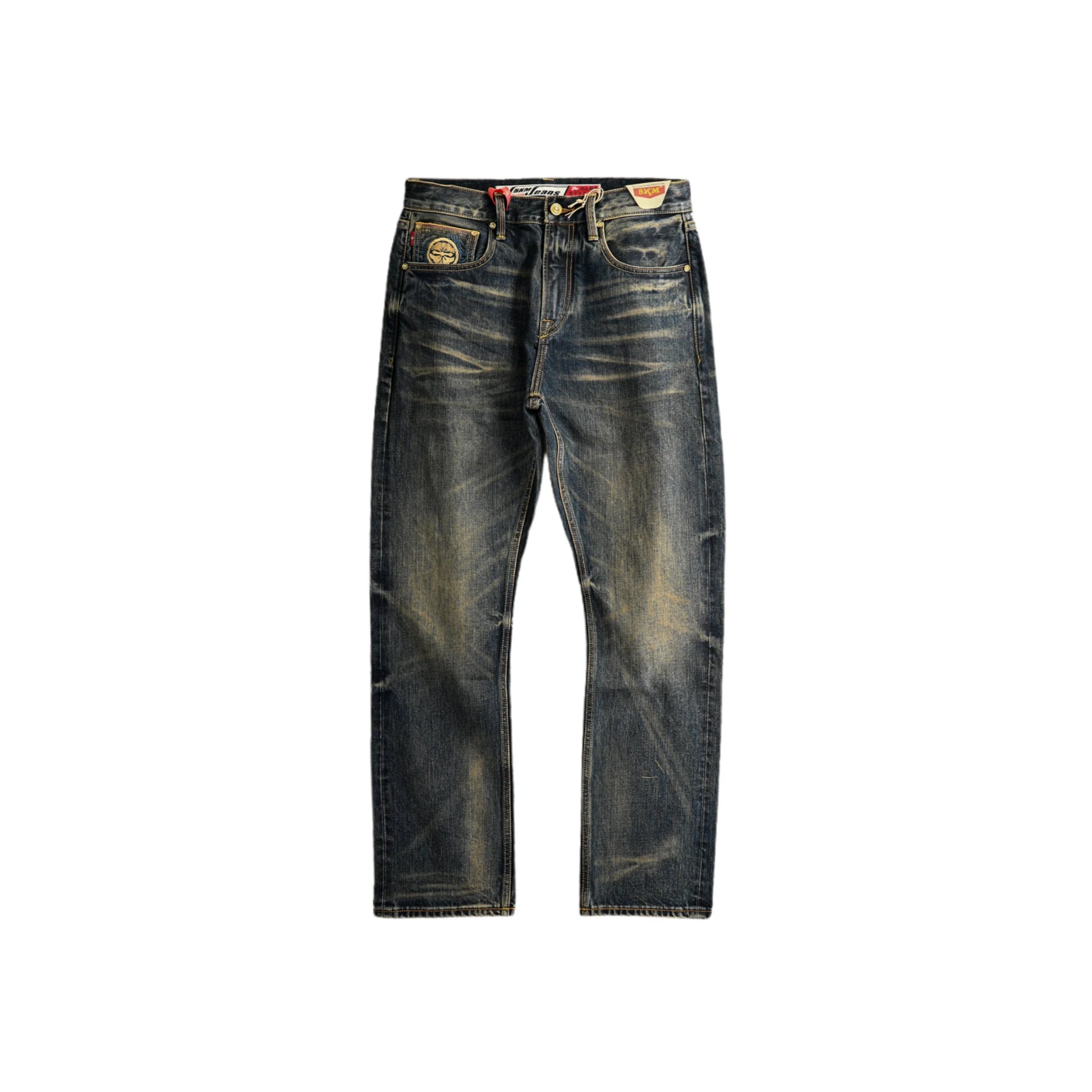 15 oz klassische blaue Straight-Fit-Jeans mit Whiskers und Honeycomb-Effekt