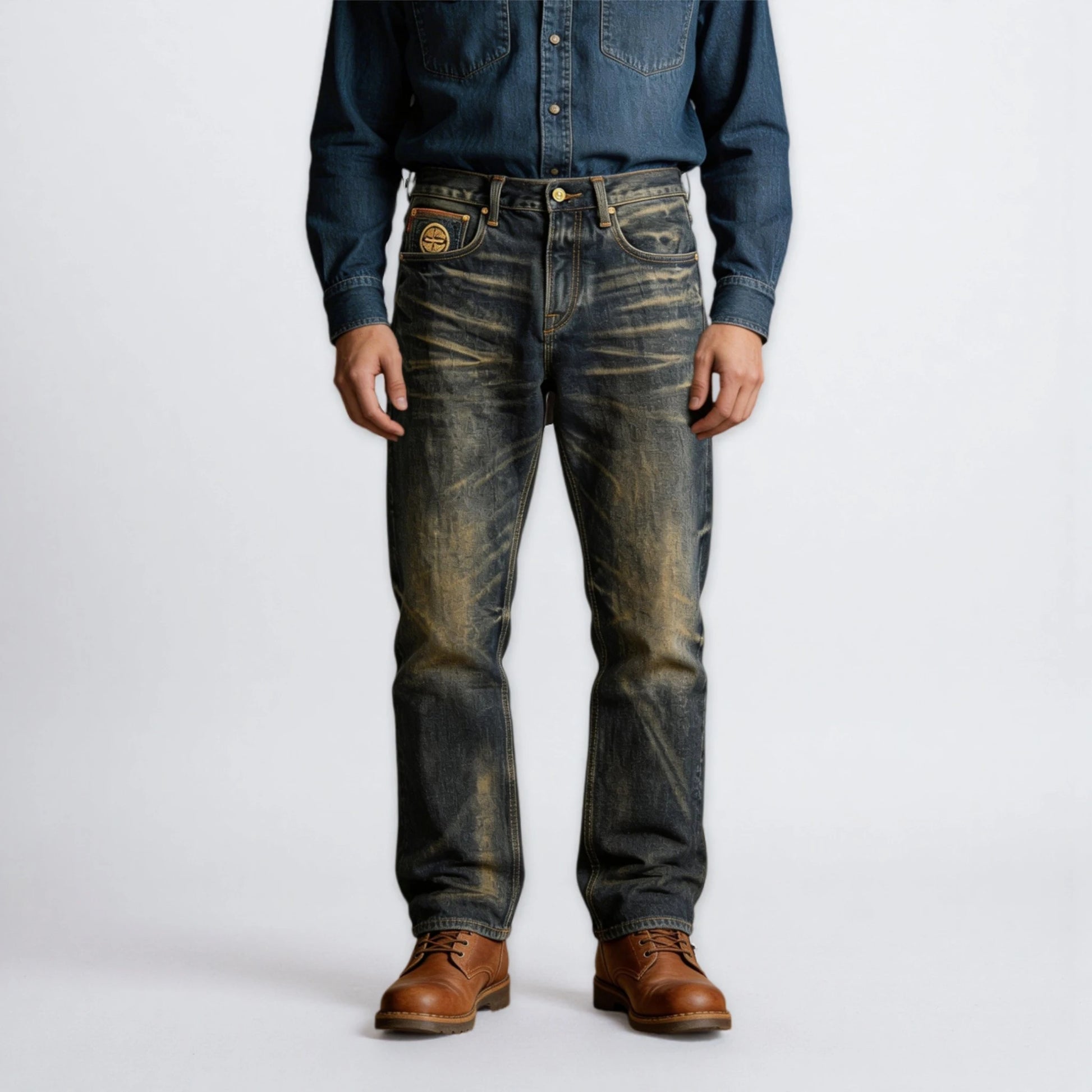 15 oz klassische blaue Straight-Fit-Jeans mit Whiskers und Honeycomb-Effekt