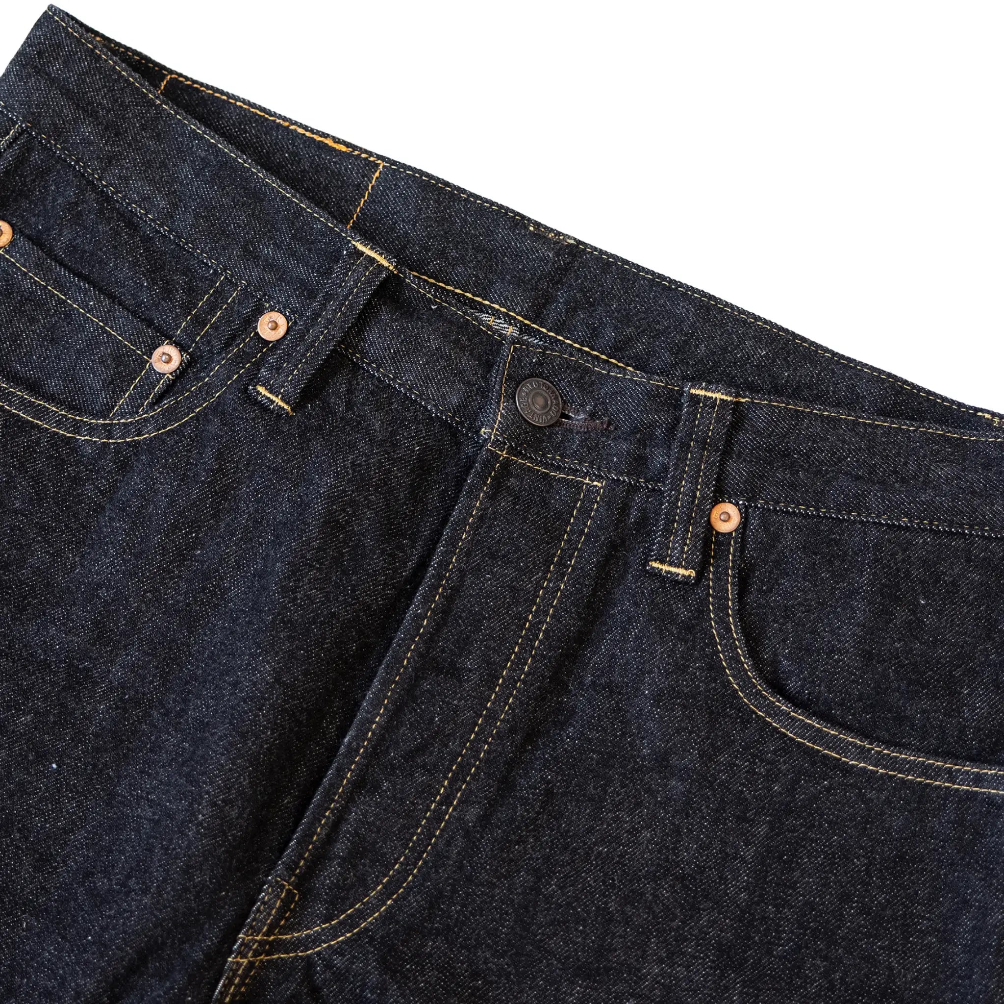 Front waist and rise detail of 14.5oz Sulfur Black Selvedge Denim Jeans Straight Fit