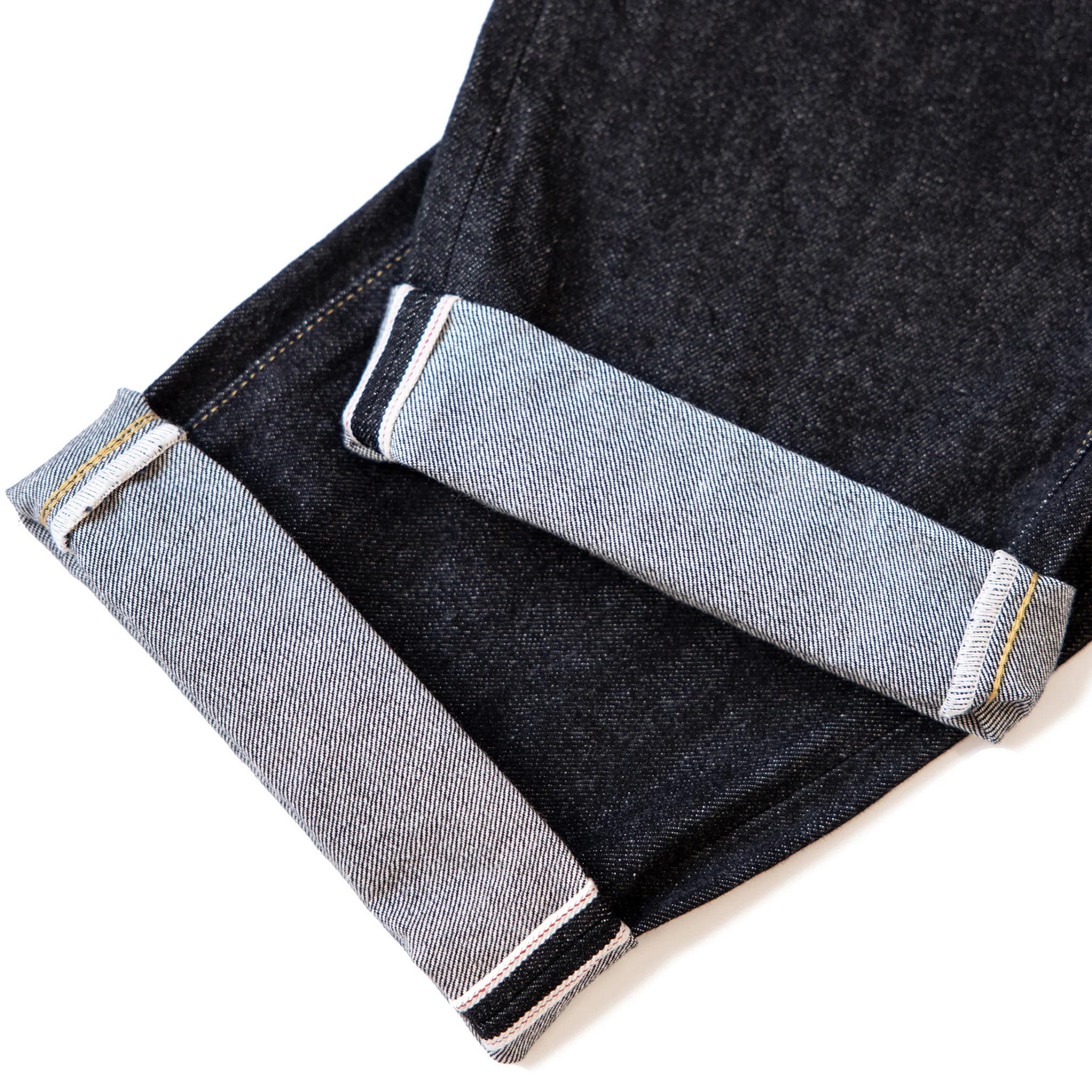 Hem and stitching detail of 14.5oz Sulfur Black Selvedge Denim Jeans Straight Fit