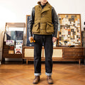 Front view of model wearing 14.5oz Sulfur Black Selvedge Denim Jeans Straight Fit