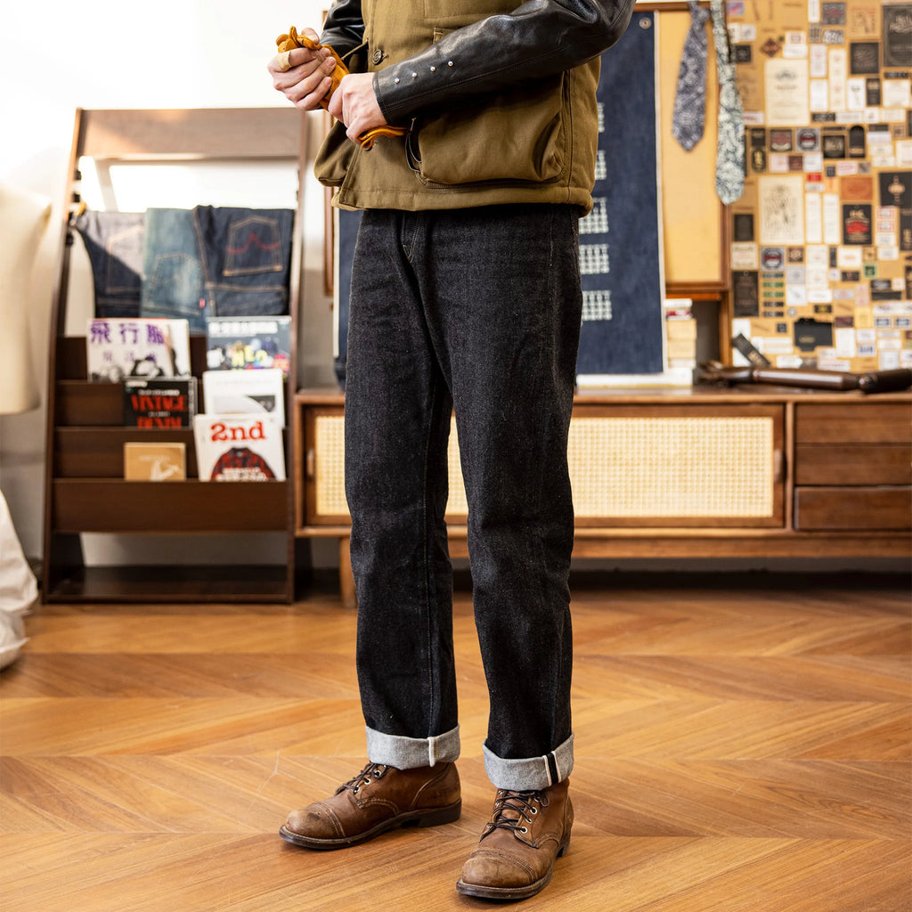 Jean slim droit bleu clair 14 oz à lisière indigo délavée