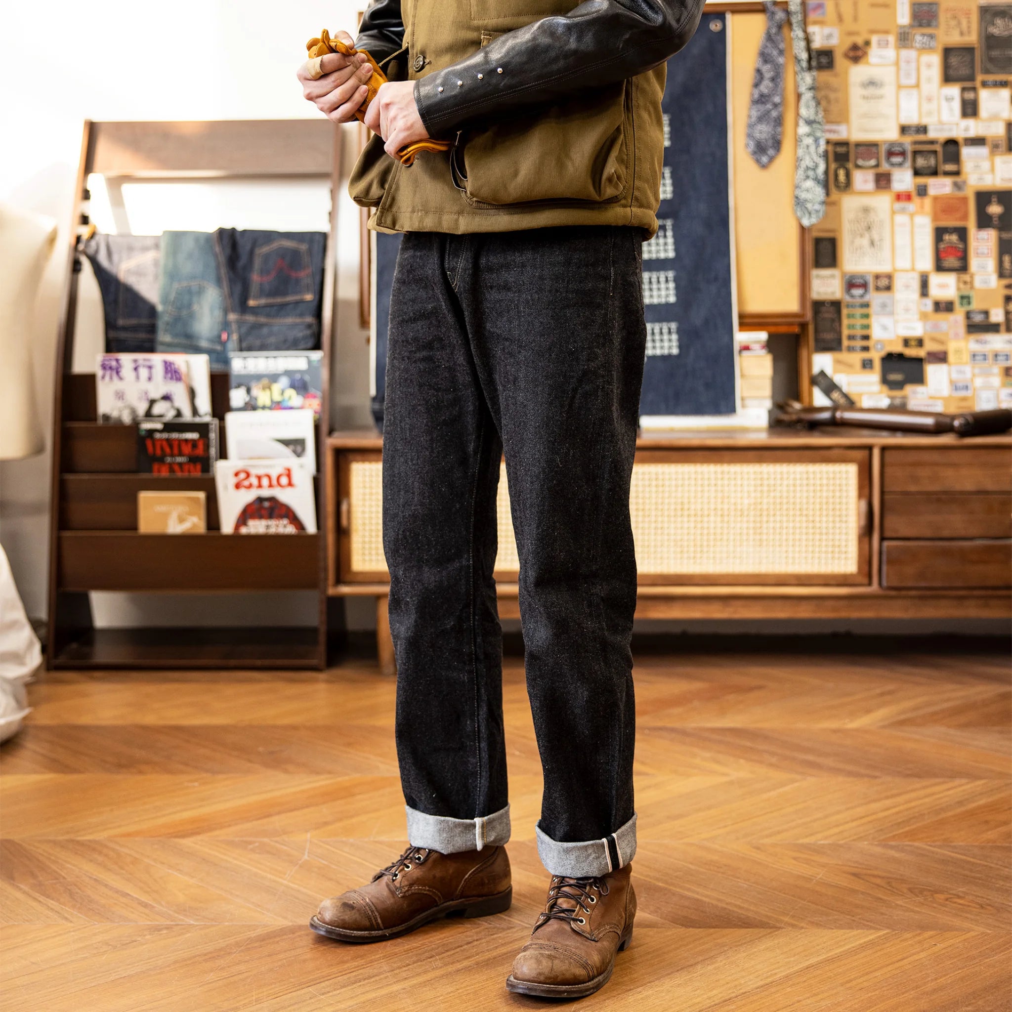 Jean slim droit bleu clair 14 oz à lisière indigo délavée