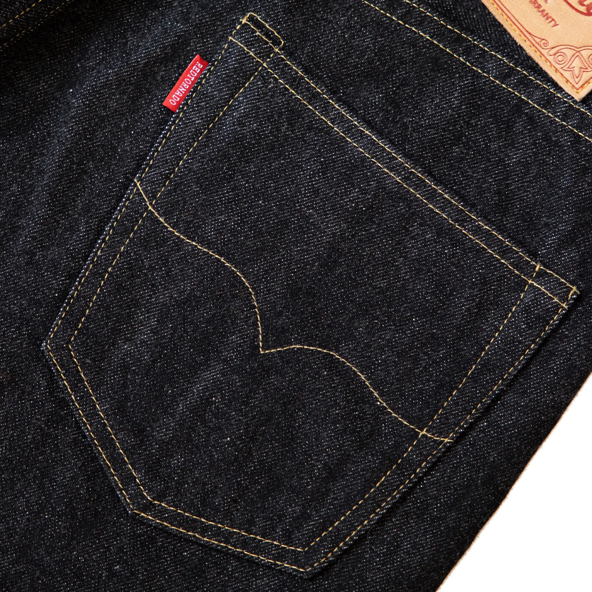 Pocket construction detail of 14.5oz Sulfur Black Selvedge Denim Jeans Straight Fit