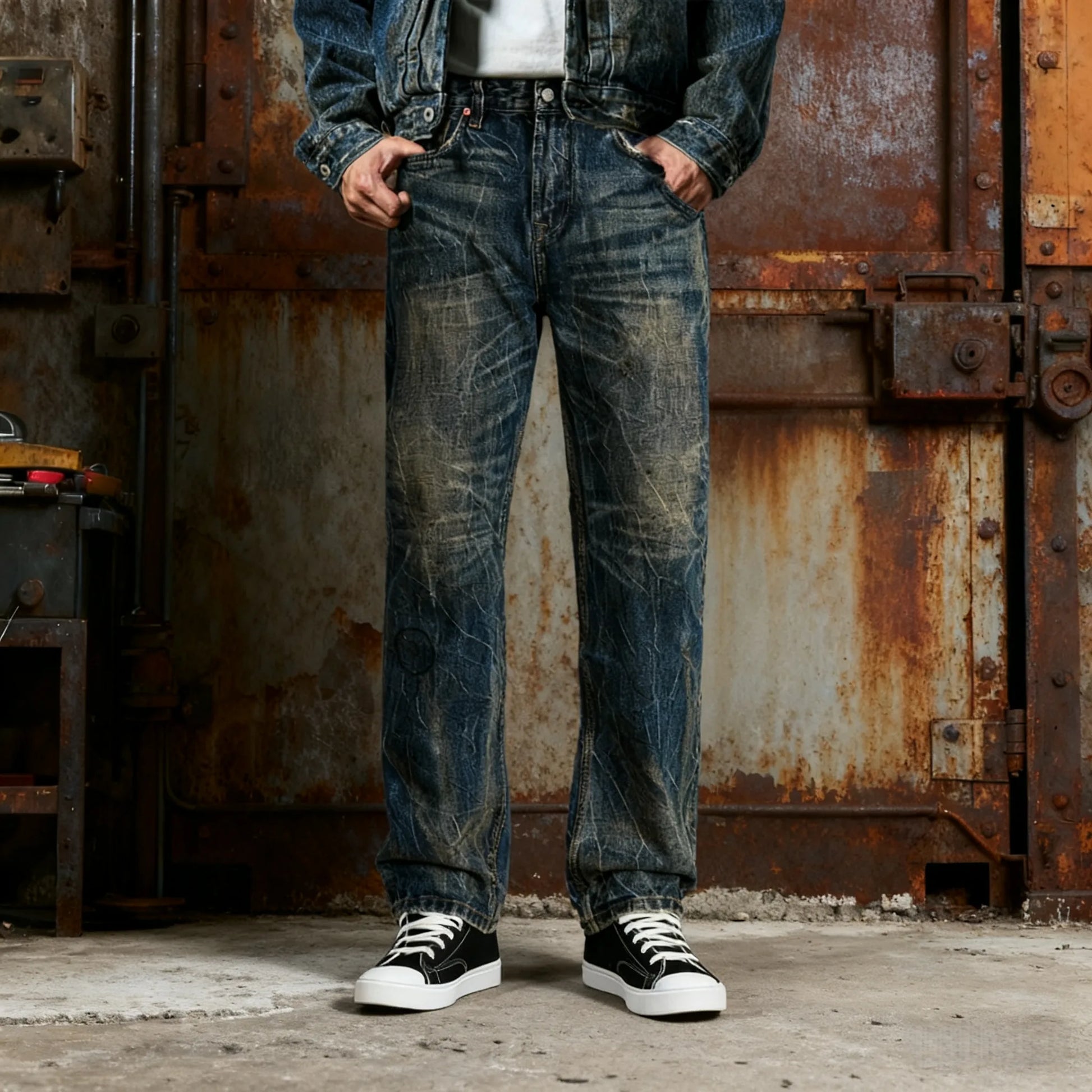 Vintage Blaue Bootcut 11oz Selvedge Jeans mit Distressed-Effekt