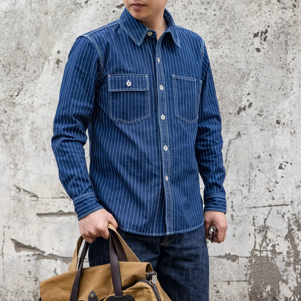 12oz Indigo Canvas Work Shirt with Discharge Dot Print