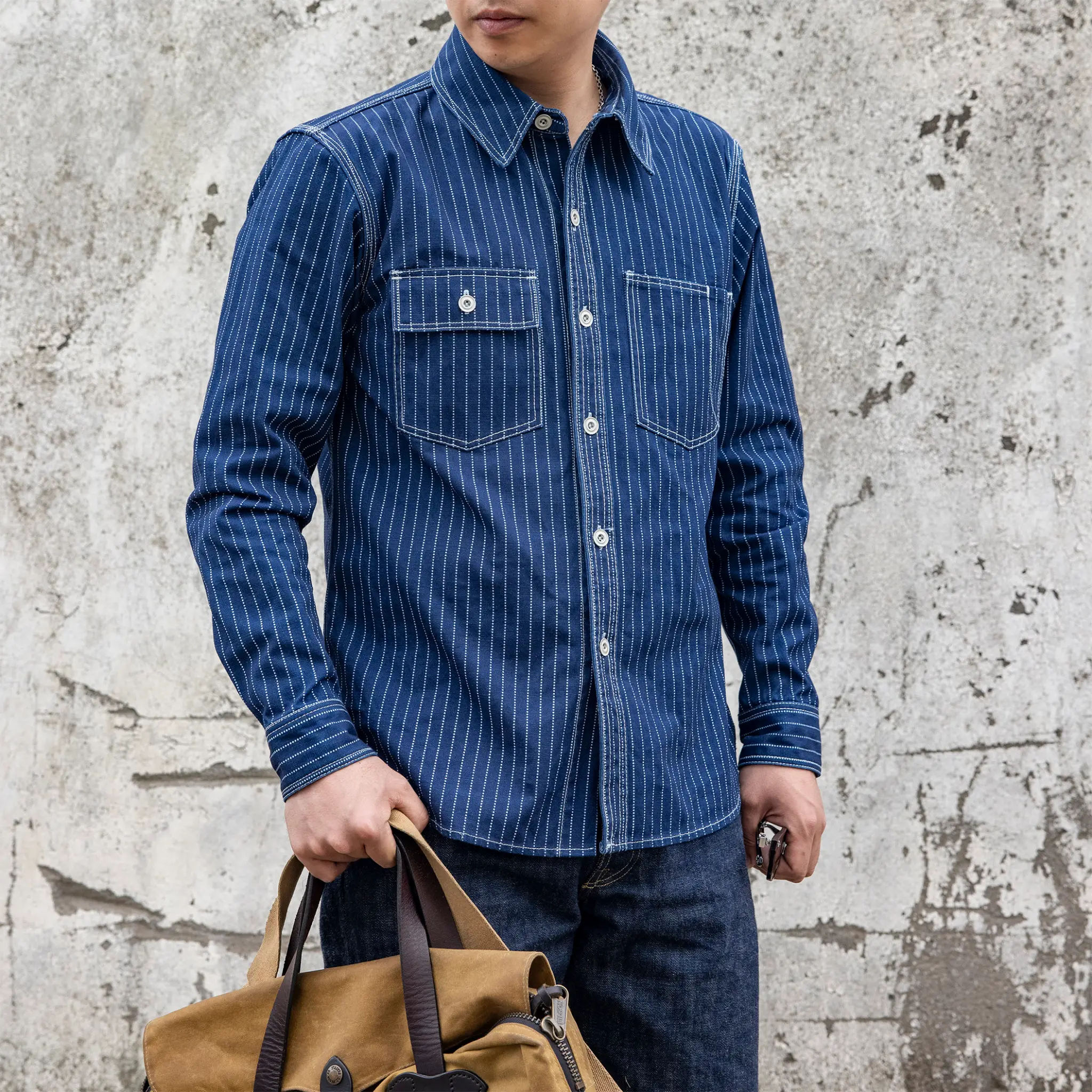 12oz Indigo Canvas Work Shirt with Discharge Dot Print