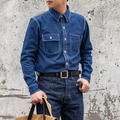 12oz Indigo Canvas Work Shirt with Discharge Dot Print