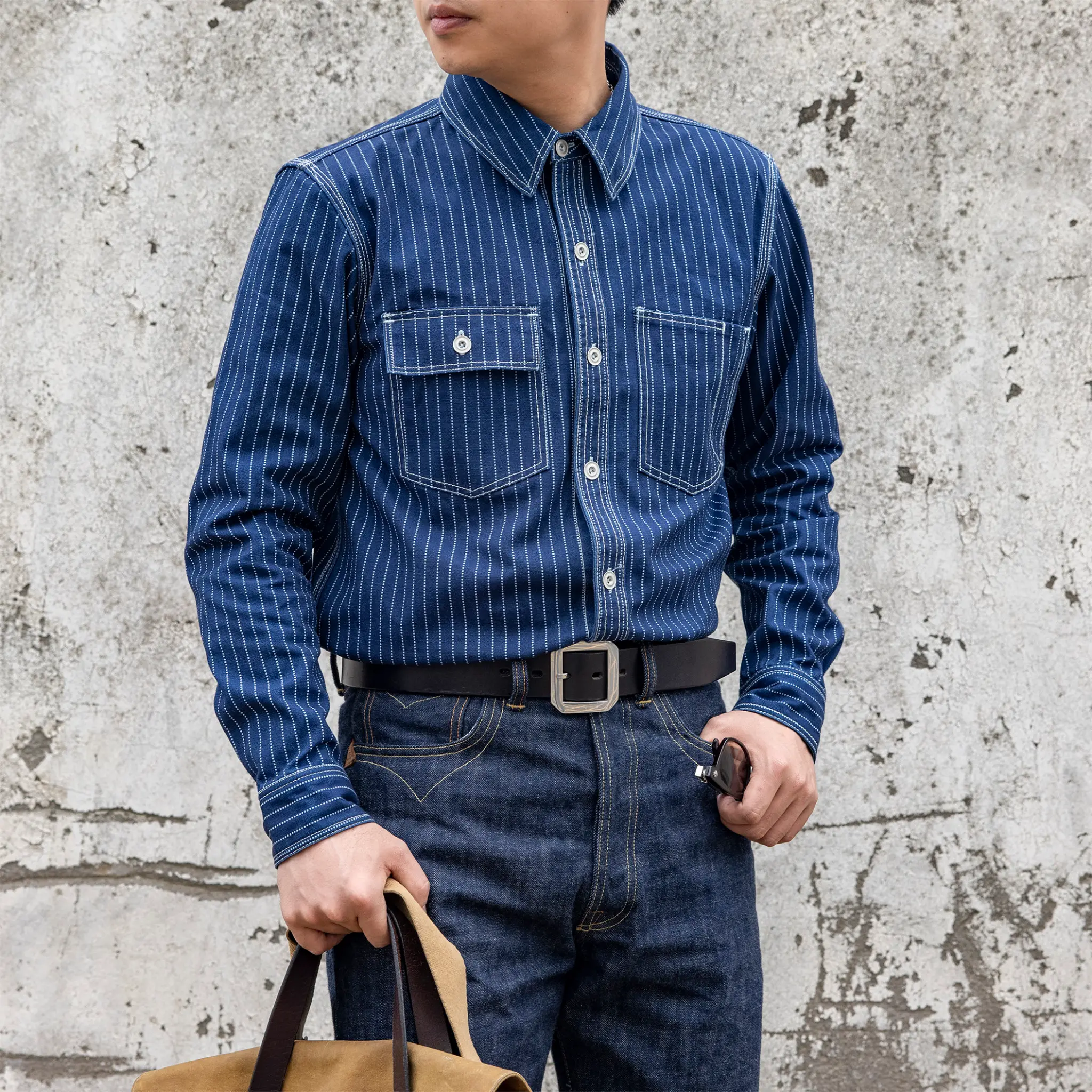 12oz Indigo Canvas Work Shirt with Discharge Dot Print