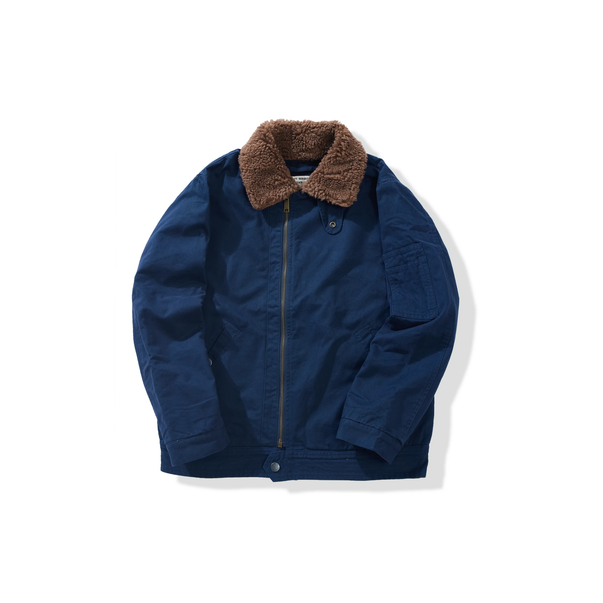 Blue jungle cloth jacket with brown fur collar on a white background