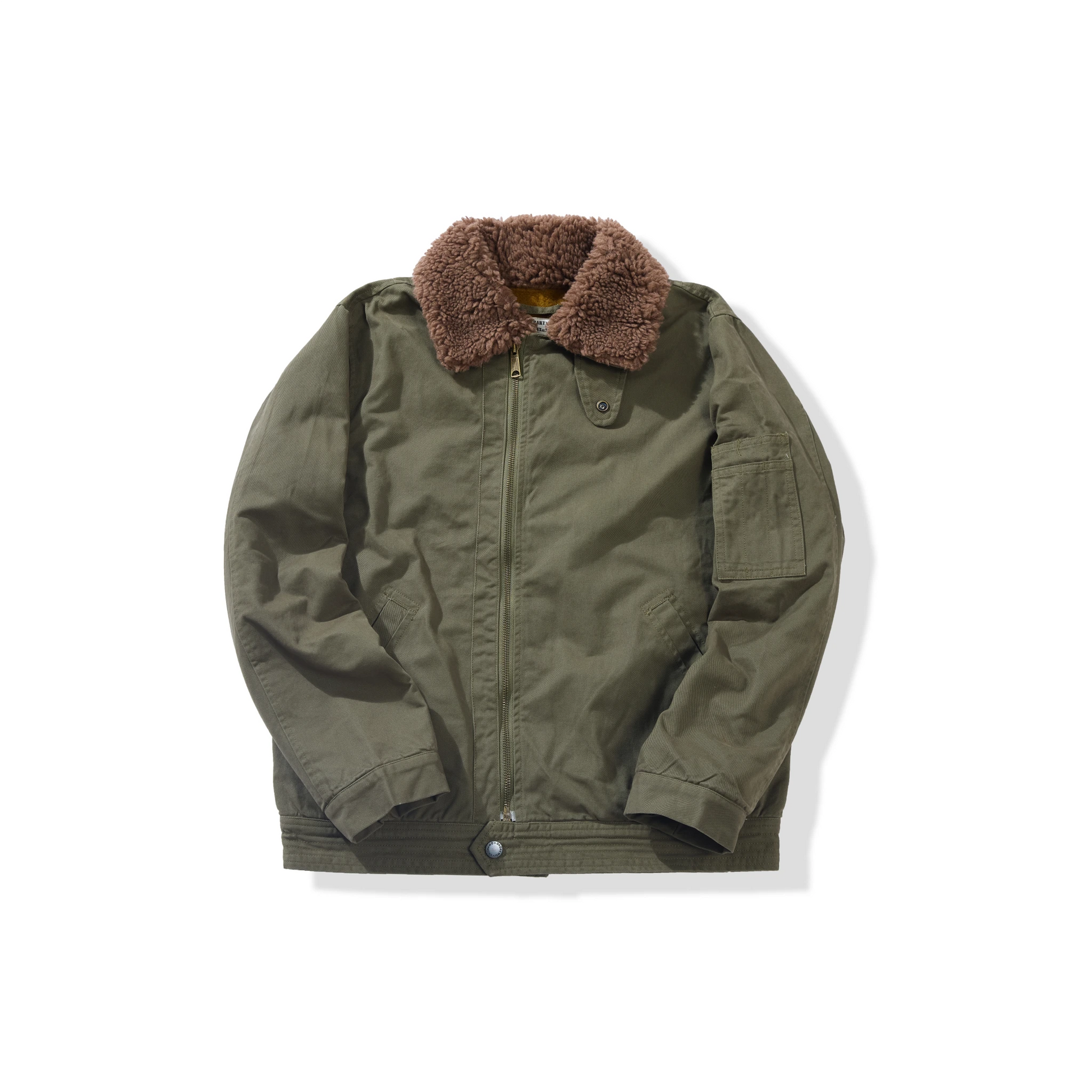 Green jacket with brown fur collar on a white background