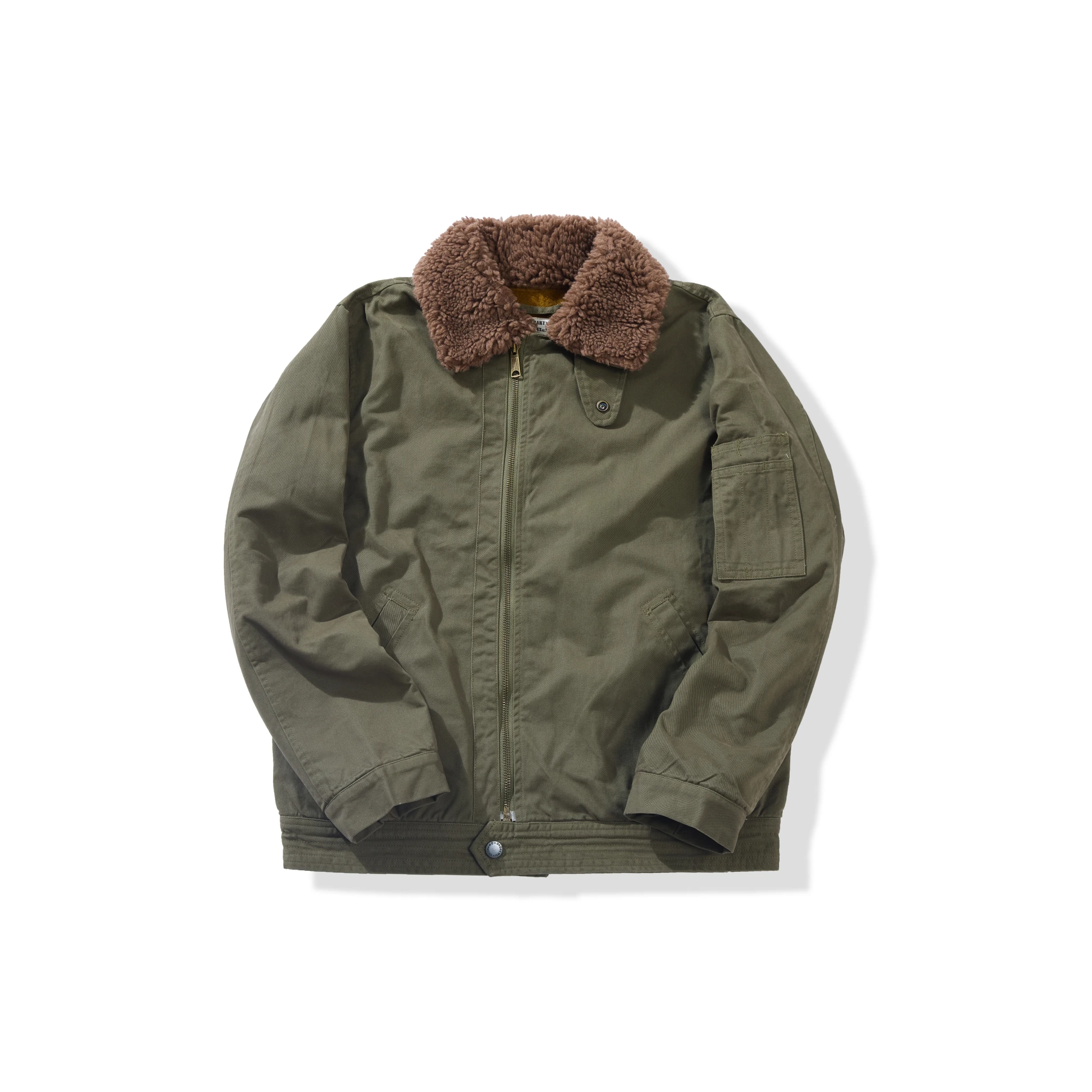 Green jacket with brown fur collar on a white background