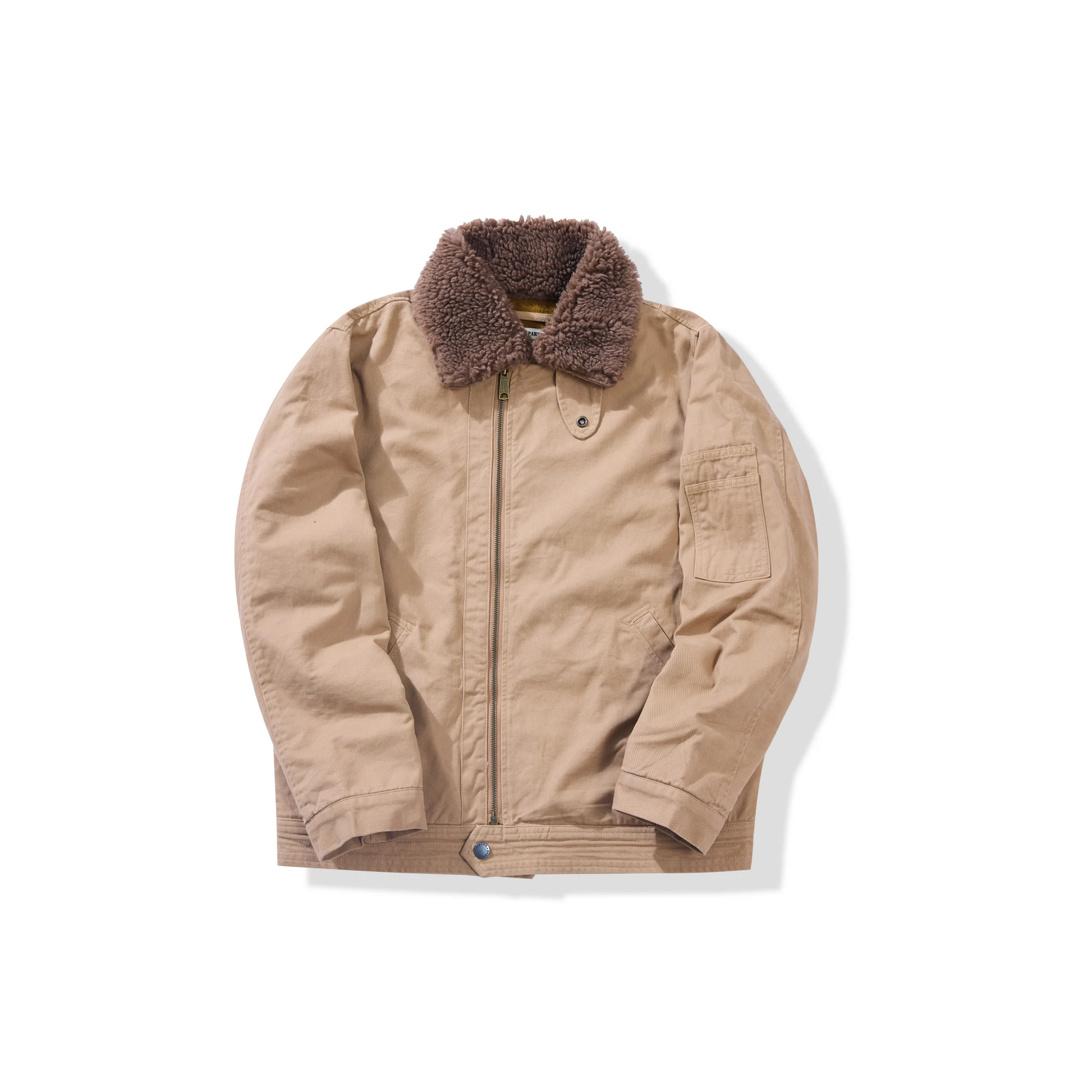 Khaqi jungle cloth jacket with brown fur collar on a white background