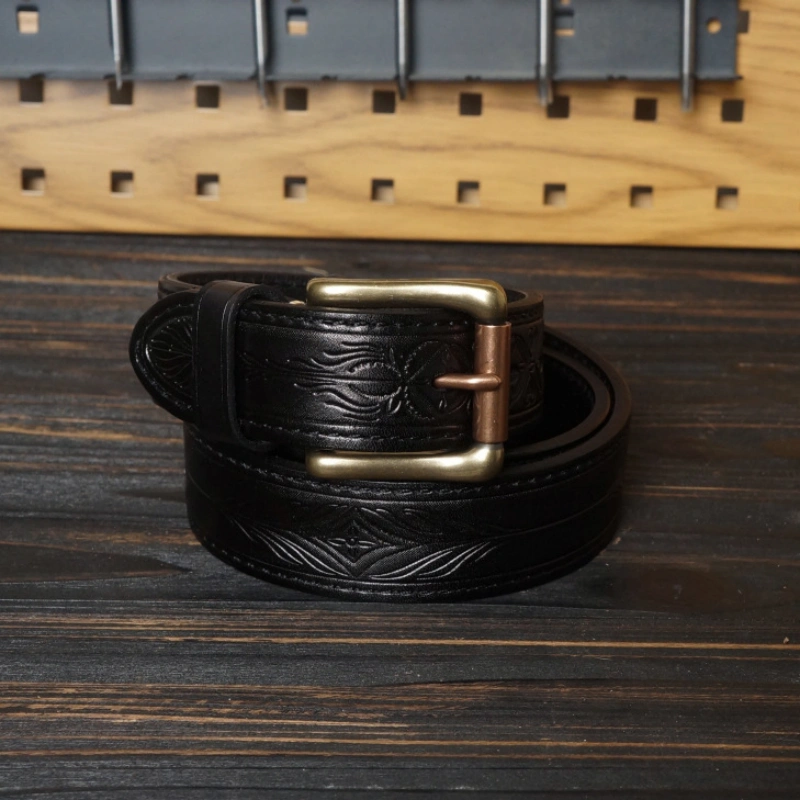 15oz Full-Grain Leather Belt with Laser-Engraved Pattern & Rectangle Buckle