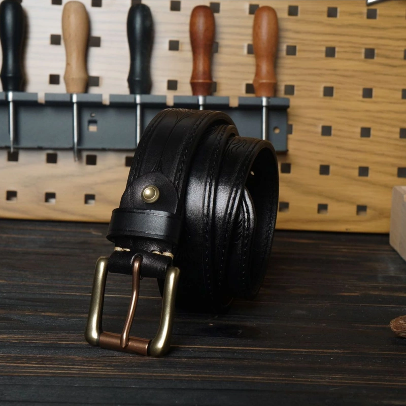 15oz Full-Grain Leather Belt with Laser-Engraved Pattern & Rectangle Buckle