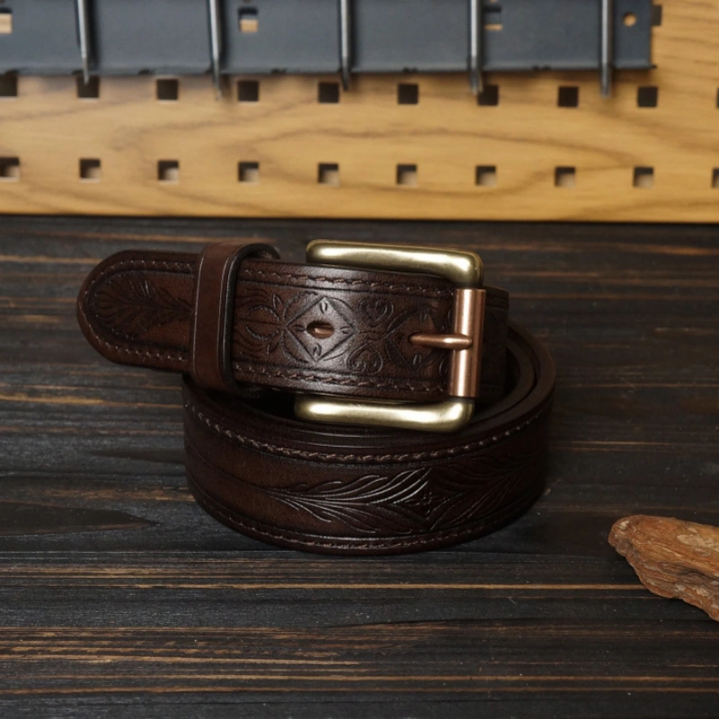 15oz Full-Grain Leather Belt with Laser-Engraved Pattern & Rectangle Buckle