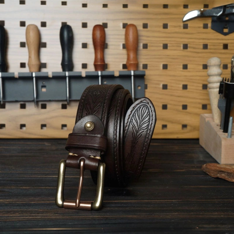 15oz Full-Grain Leather Belt with Laser-Engraved Pattern & Rectangle Buckle