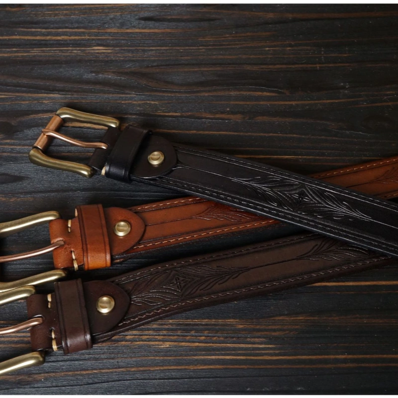 15oz Full-Grain Leather Belt with Laser-Engraved Pattern & Rectangle Buckle