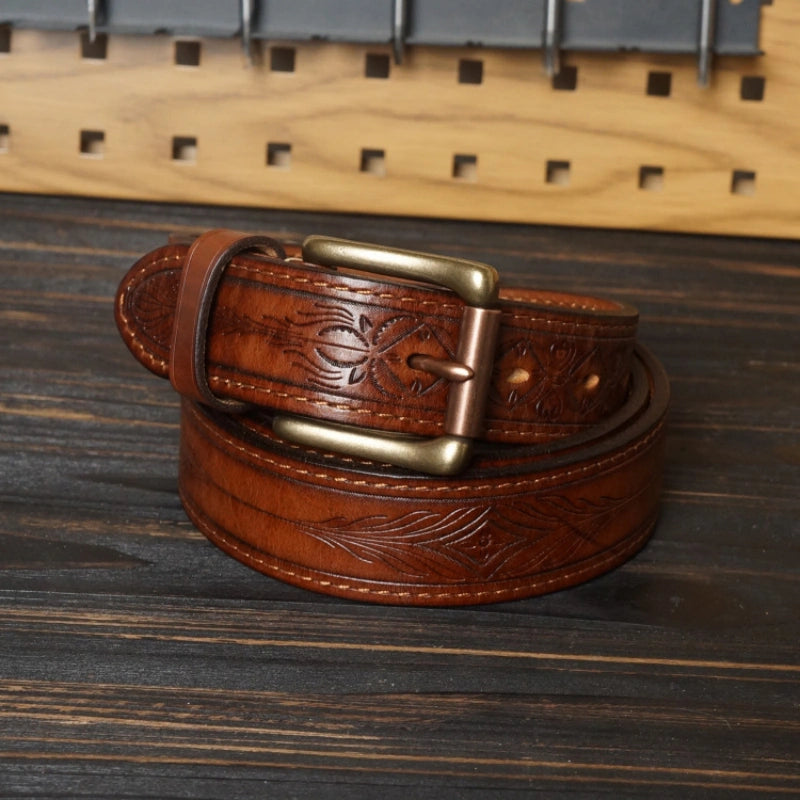15oz Full-Grain Leather Belt with Laser-Engraved Pattern & Rectangle Buckle