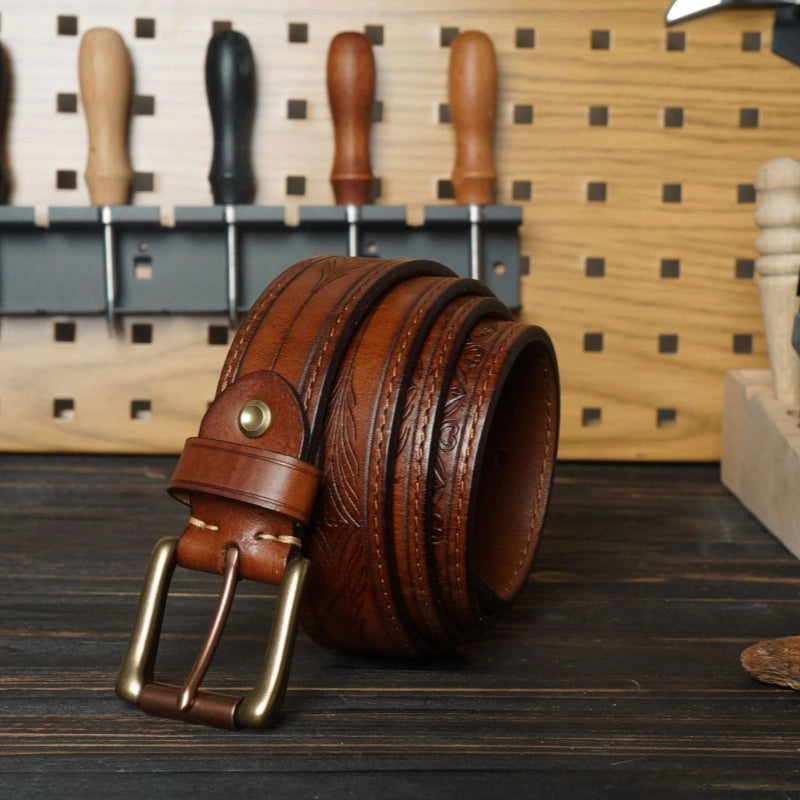 15oz Full-Grain Leather Belt with Laser-Engraved Pattern & Rectangle Buckle