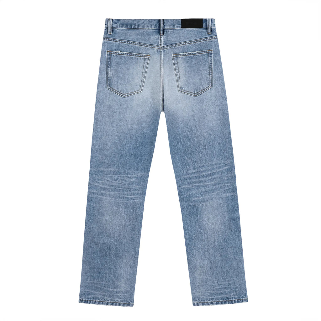 Men's Light Blue Wash Straight Ripped Jeans With Whiskers