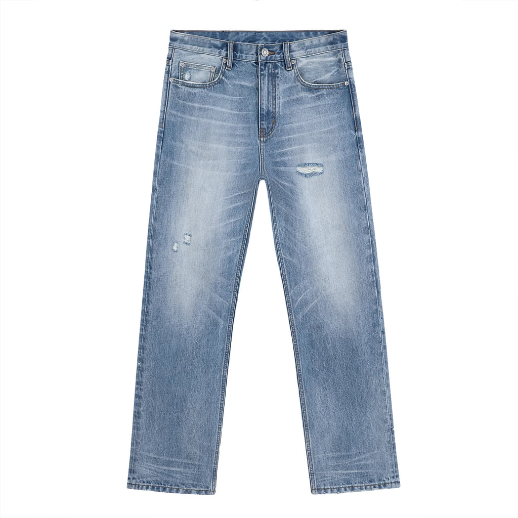 Men's Light Blue Wash Straight Ripped Jeans With Whiskers