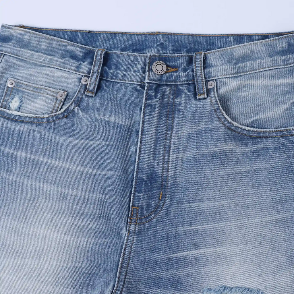 Men's Light Blue Wash Straight Ripped Jeans With Whiskers